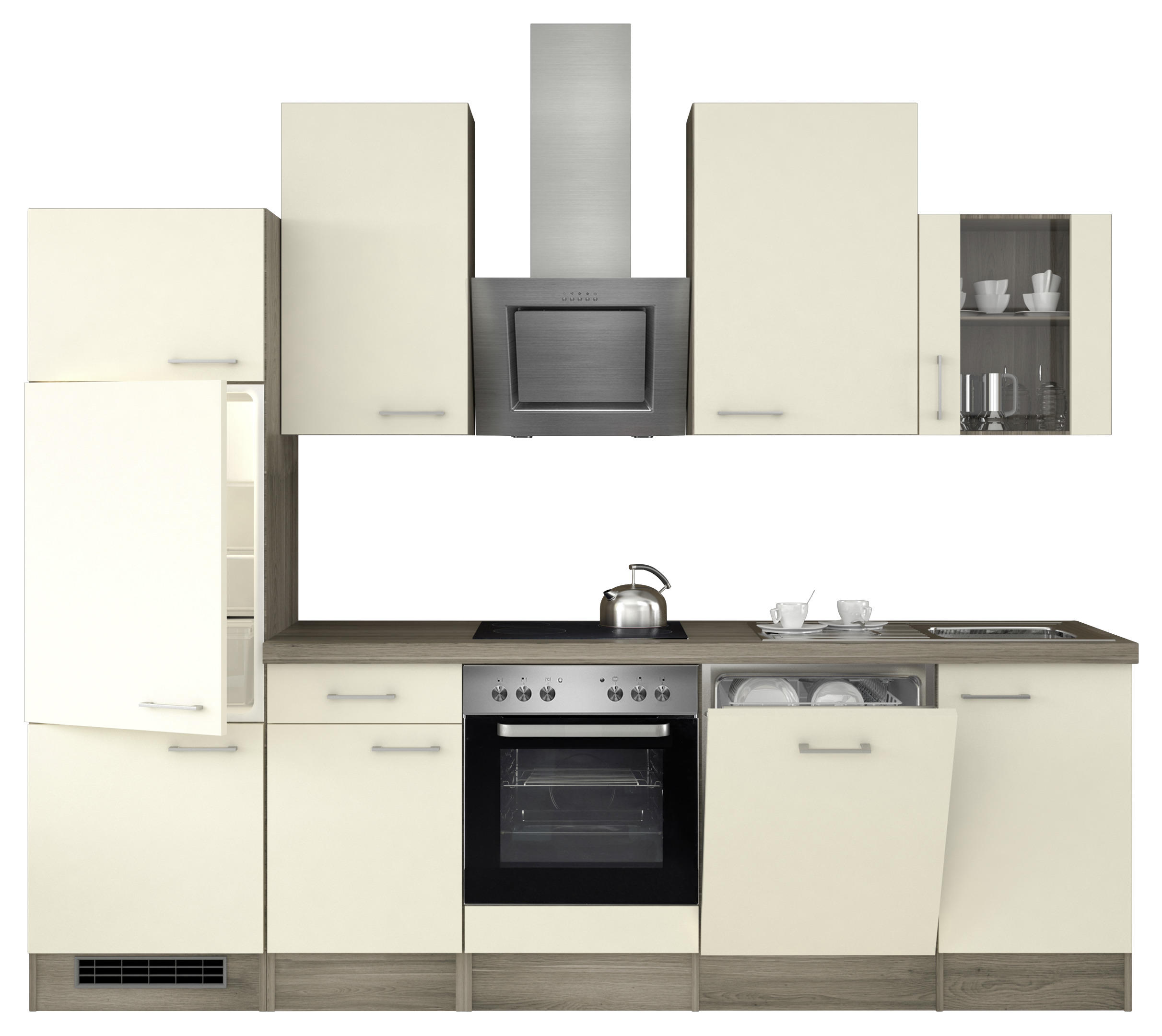 KÜCHENBLOCK 280 cm in Eichefarben, Edelstahlfarben, Magnolie - Edelstahlfarben/Eichefarben, MODERN, Glas/Metall (280cm) - MID.YOU