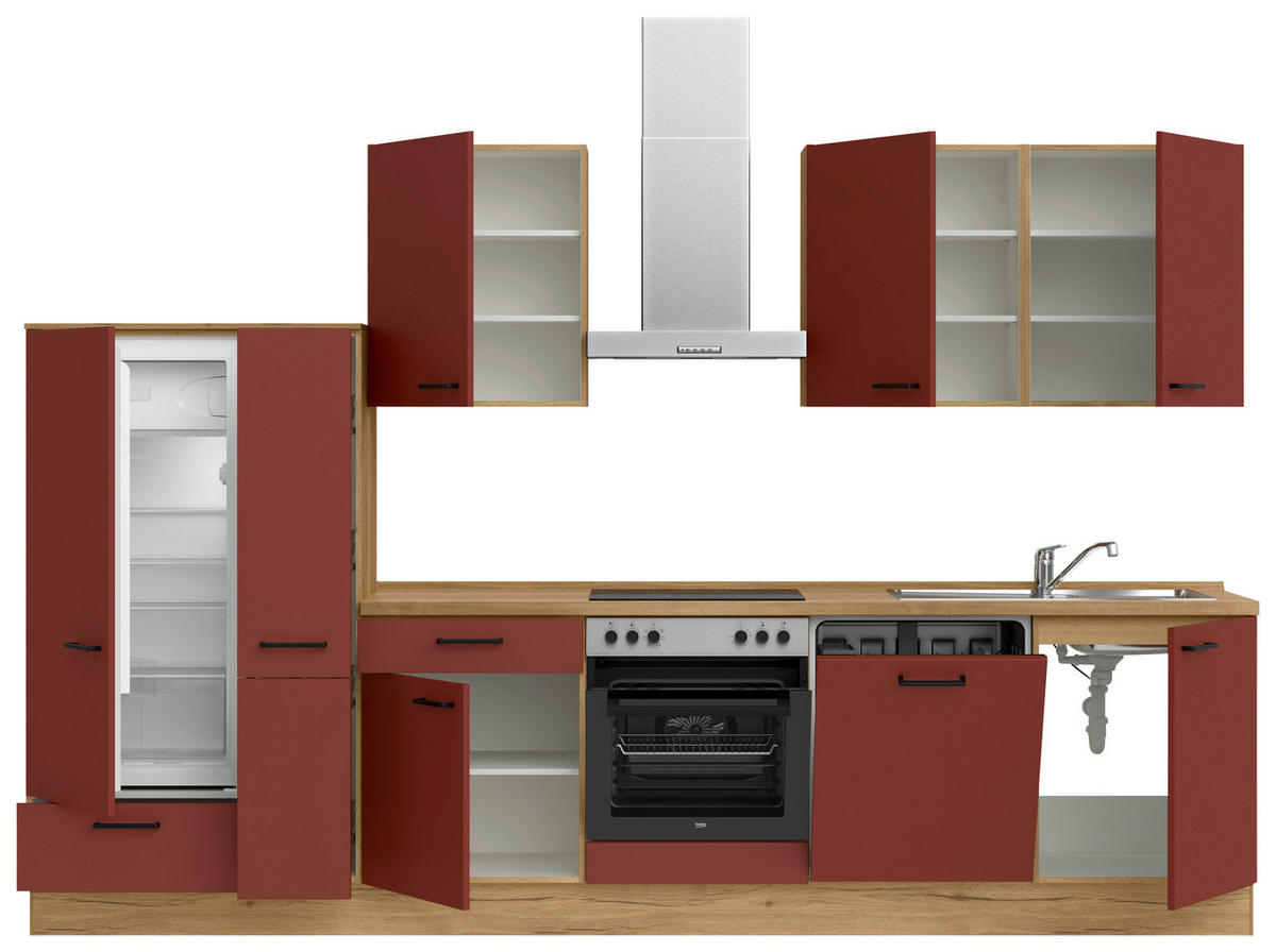 KÜCHENBLOCK 330 cm   in Eichefarben, Dunkelrot  - Eichefarben/Schwarz, MODERN, Holzwerkstoff/Metall (330cm) - Nobilia