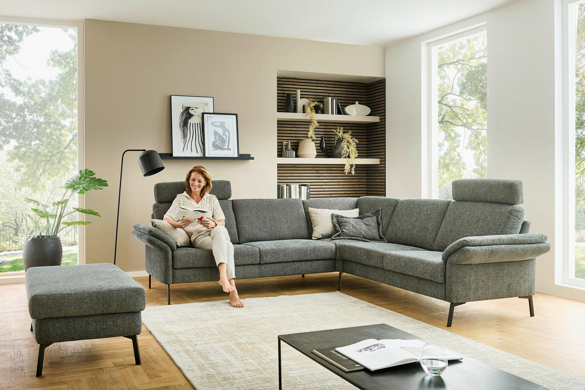 ECKSOFA 269/249 cm  in Chenille Olivgrün Rücken echt  269/249 cm  - Schwarz/Olivgrün, KONVENTIONELL, Textil/Metall (269/249cm) - Pure Home Comfort