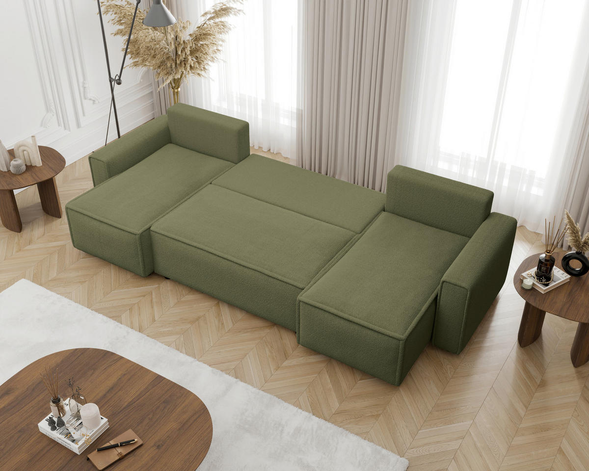 WOHNLANDSCHAFT Grün Bouclé  - Schwarz/Grün, MODERN, Kunststoff/Textil (140/305/140cm) - Carryhome