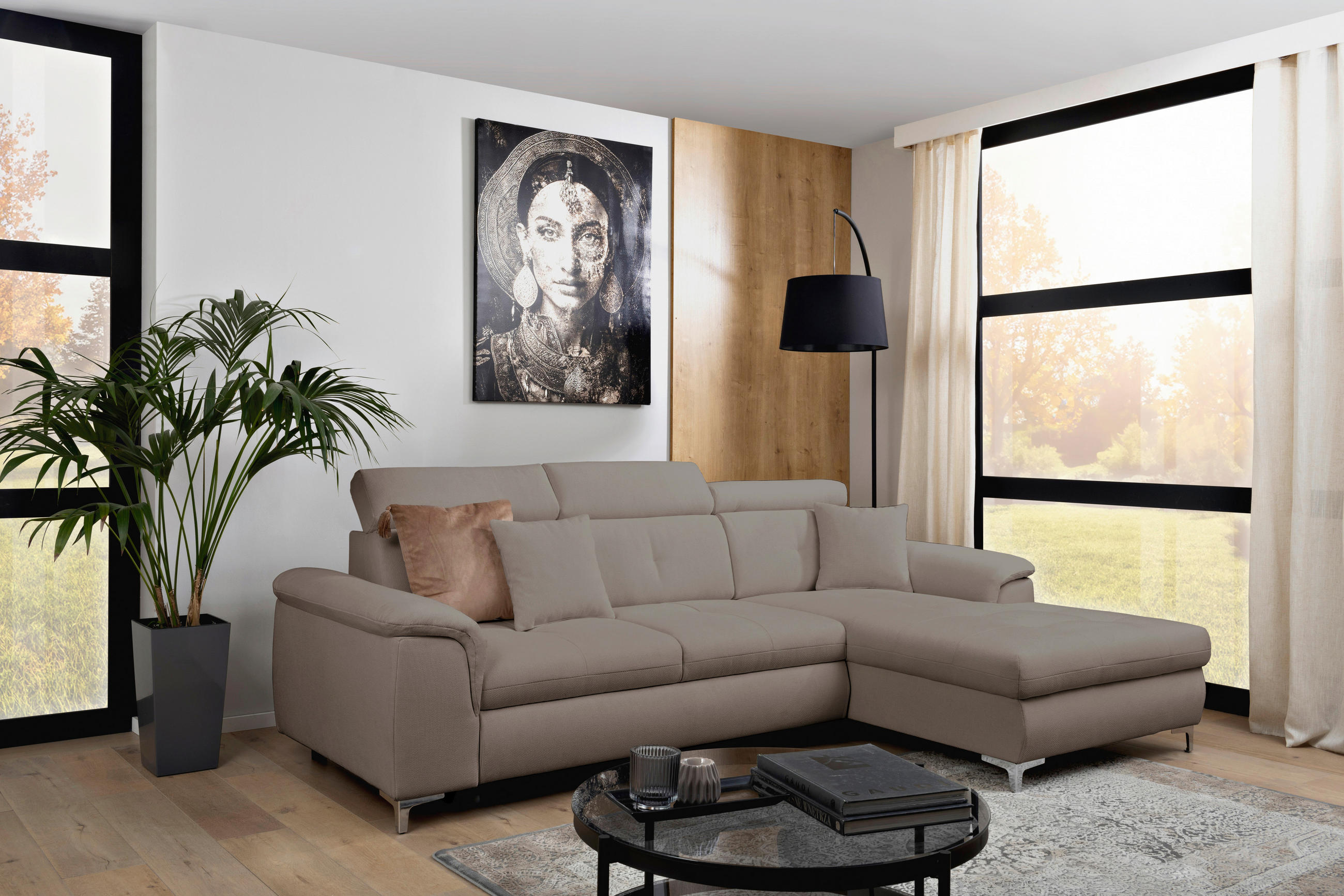 ECKSOFA in Flachgewebe Taupe  - Taupe/Chromfarben, Konventionell, Textil/Metall (268/175cm) - Carryhome