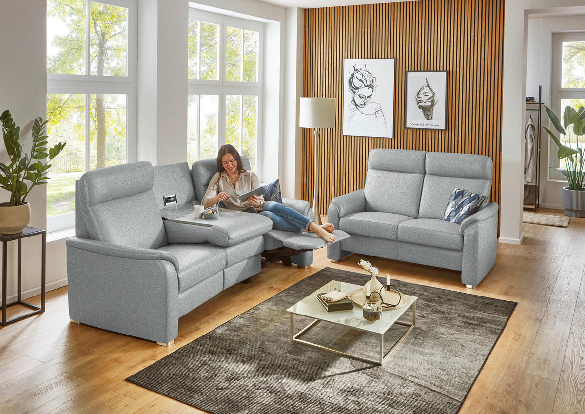 TRAPEZSOFA  in Flachgewebe Hellgrau  - Hellgrau/Alufarben, KONVENTIONELL, Textil/Metall (218/107/103cm) - Beldomo Comfort