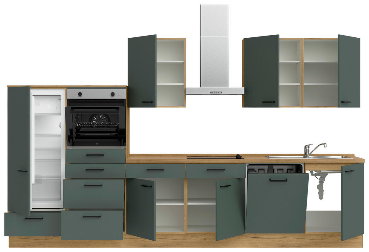 KÜCHENBLOCK Easytouch 360 cm  in Eichefarben, Dunkelgrün  - Dunkelgrün/Eichefarben, MODERN, Holzwerkstoff/Metall (360cm) - Nobilia
