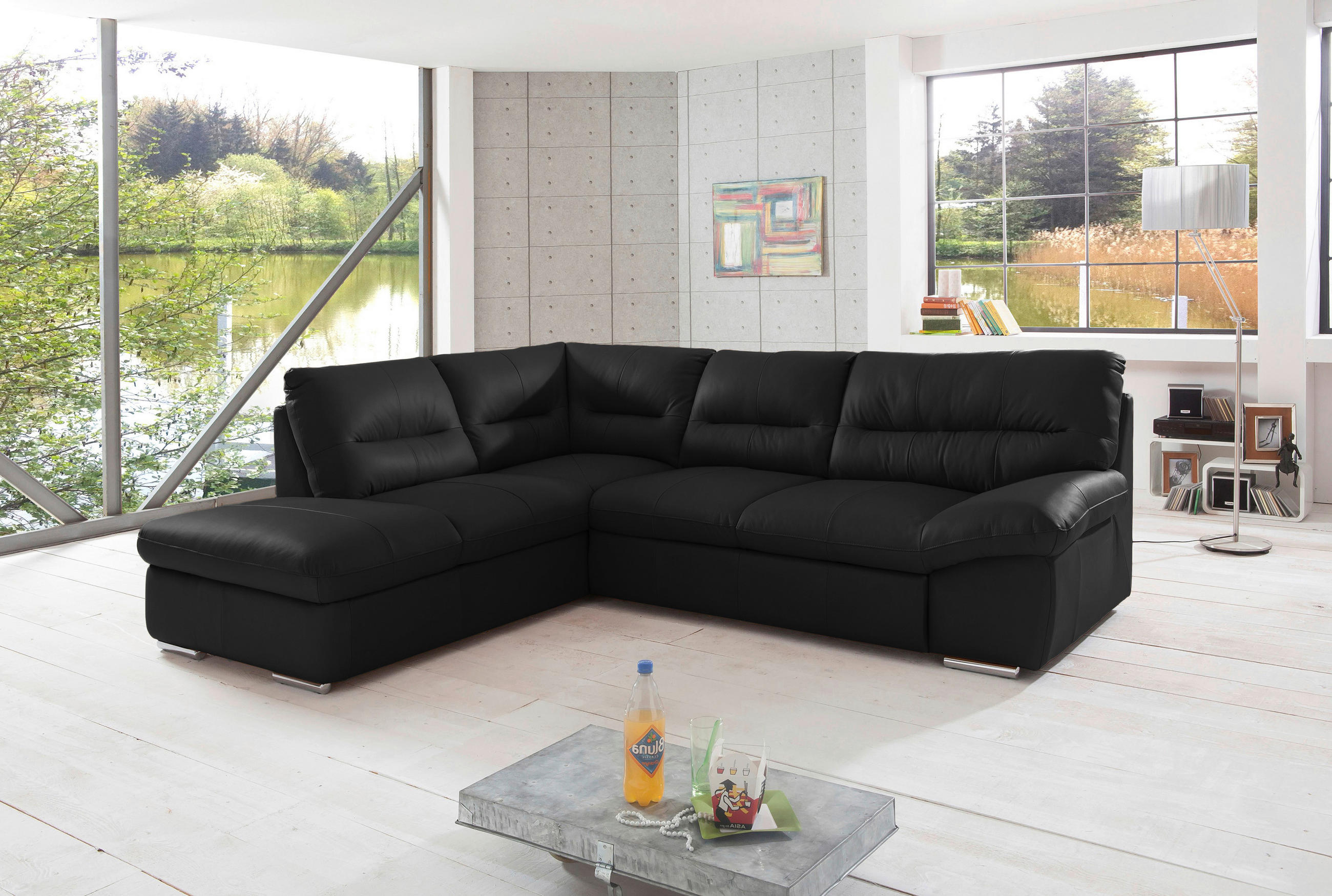 ECKSOFA in Echtleder Schwarz  - Chromfarben/Schwarz, Design, Leder/Metall (216/268cm) - Livetastic