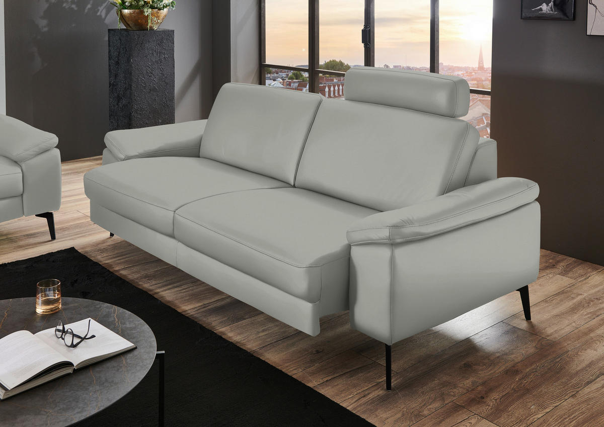 3-SITZER-SOFA in Echtleder Hellgrau  - Hellgrau/Schwarz, Design, Leder/Metall (224/88/100cm) - Valdera
