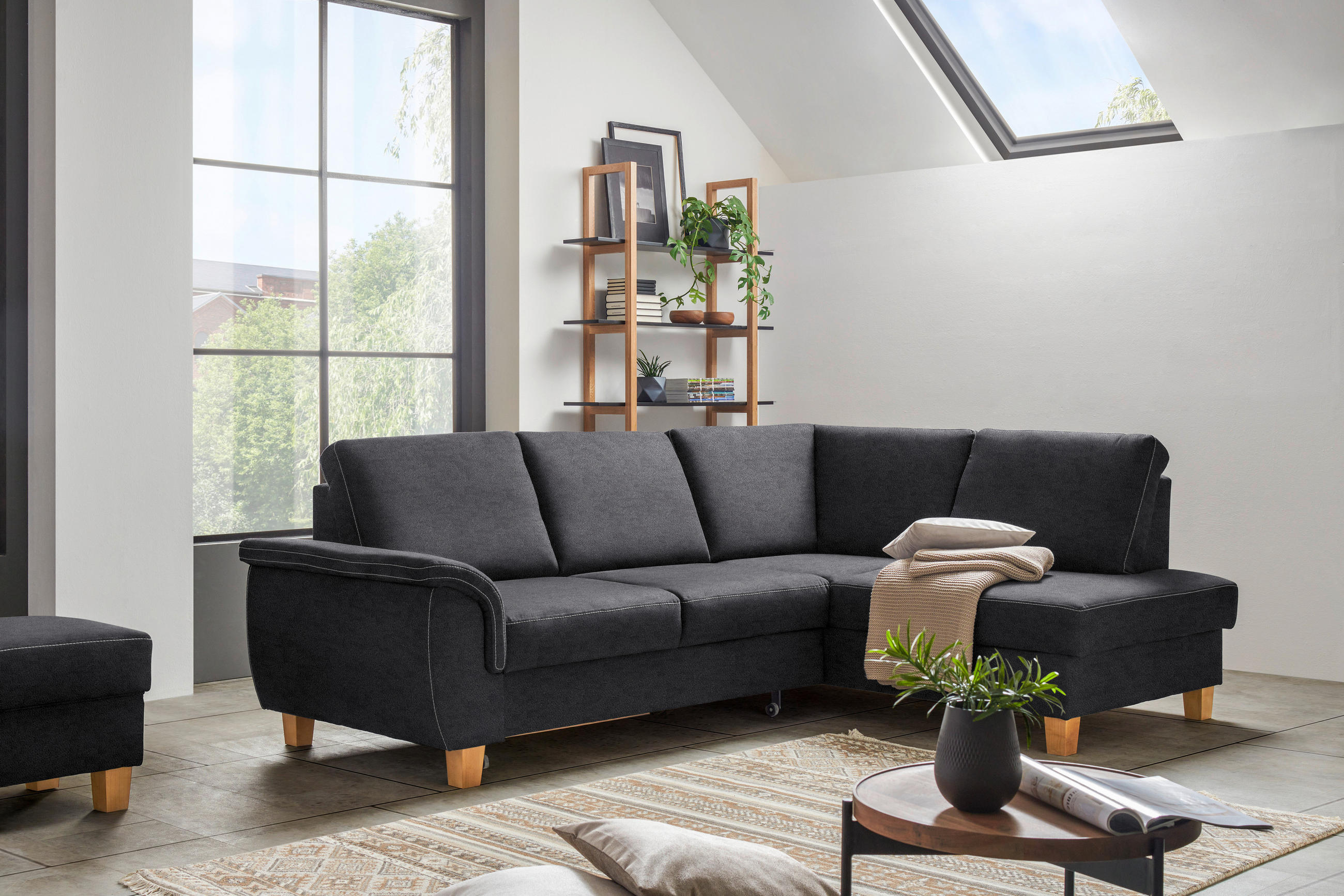 ECKSOFA Dunkelgrau Flachgewebe  - Eichefarben/Dunkelgrau, Design, Holz/Textil (253/185cm) - Cantus