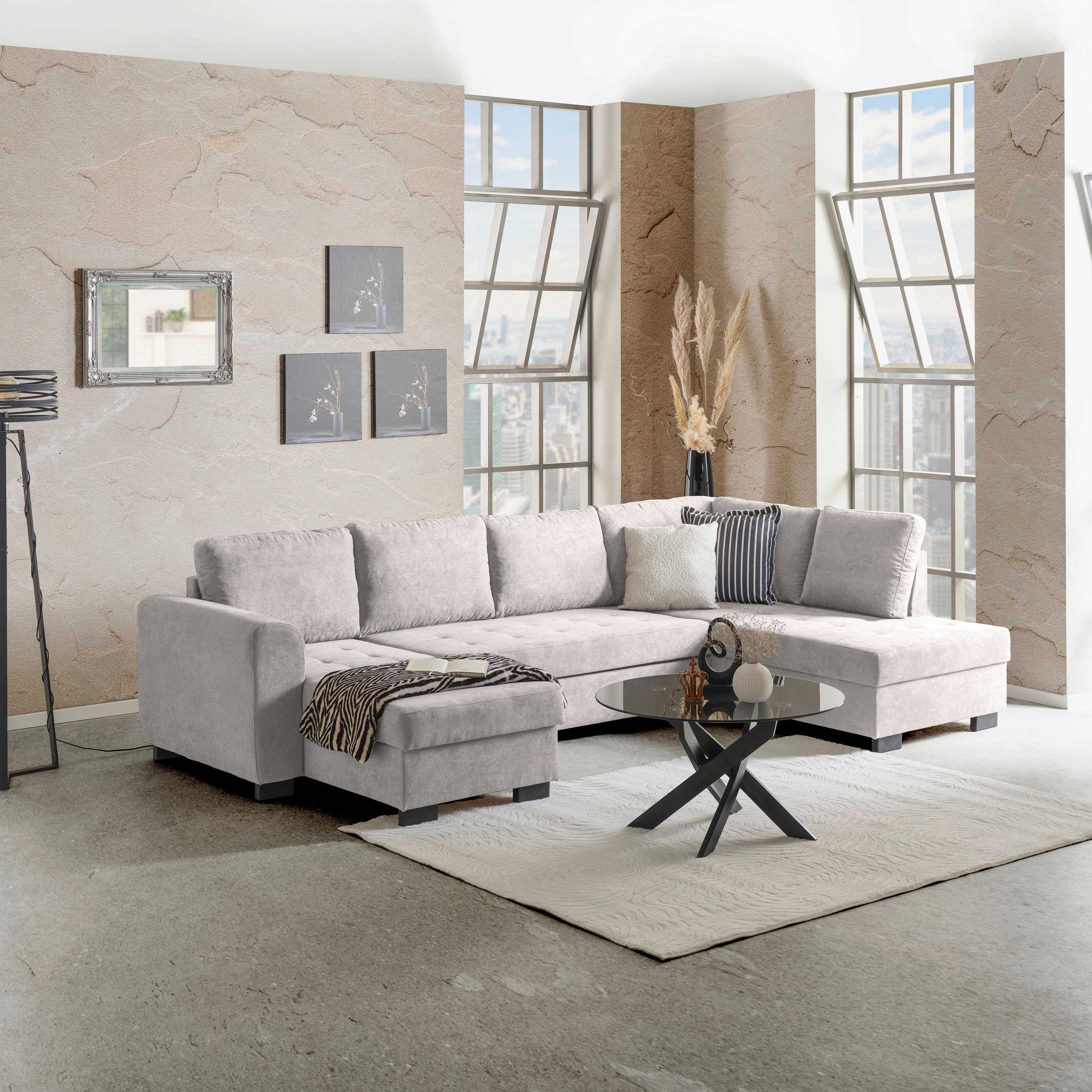 WOHNLANDSCHAFT Hellgrau Mikrofaser  - Hellgrau/Schwarz, MODERN, Kunststoff/Textil (155/305/178cm) - P & B