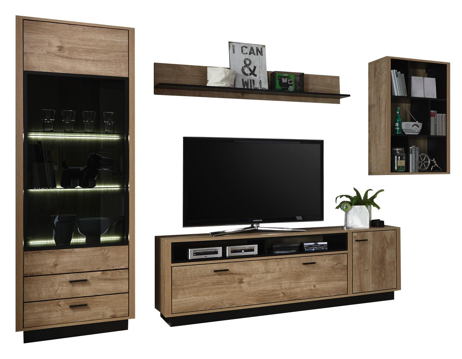 Wohnwand in Schwarz, Eichefarben