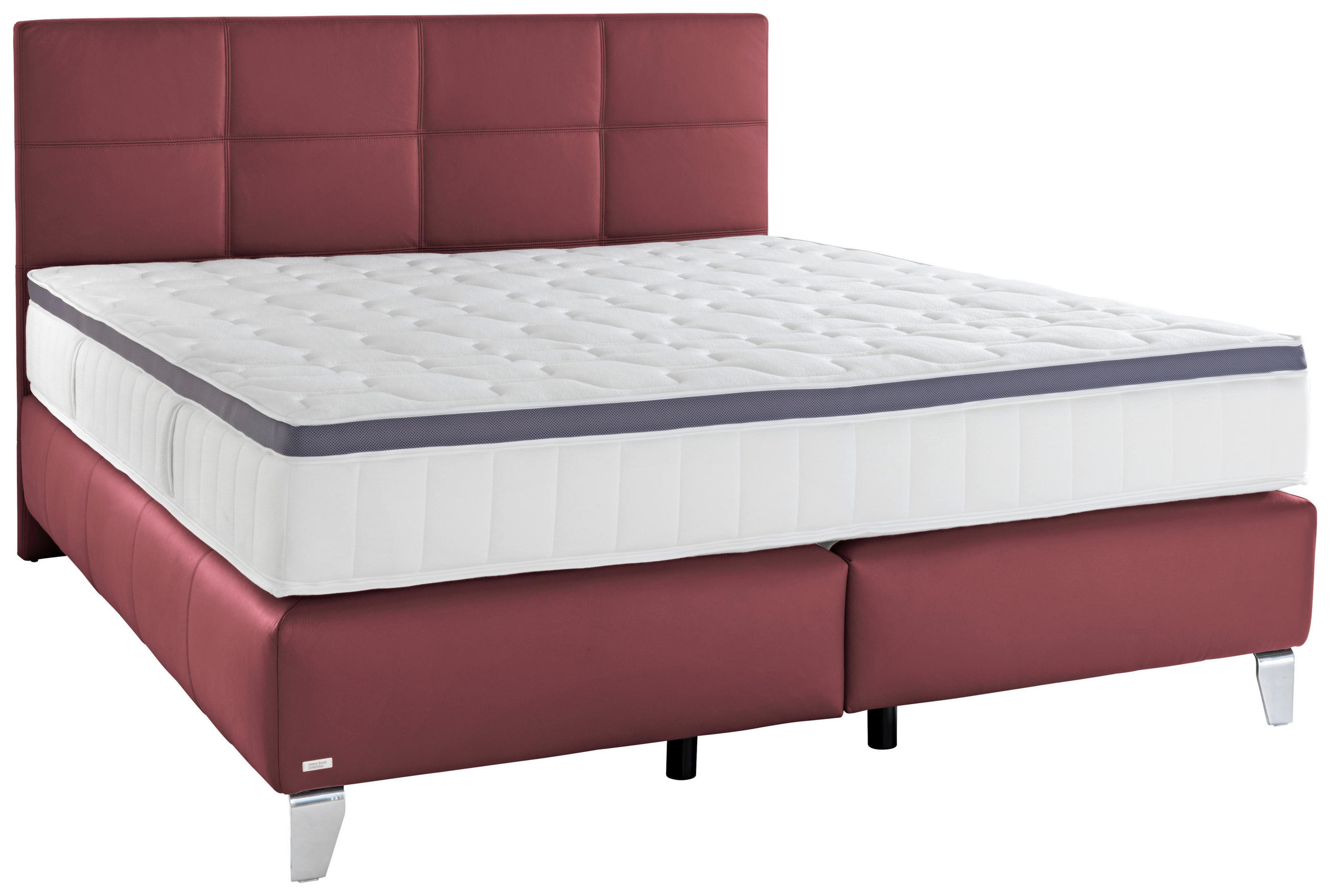 BOXSPRINGBETT 180/200 cm,  in Bordeaux, Matratze, gepolstertes Kopfteil, Topper, H3 + H4 = fest + sehr fest  - Chromfarben/Bordeaux, KONVENTIONELL, Leder/Textil (180/200cm) - Novel