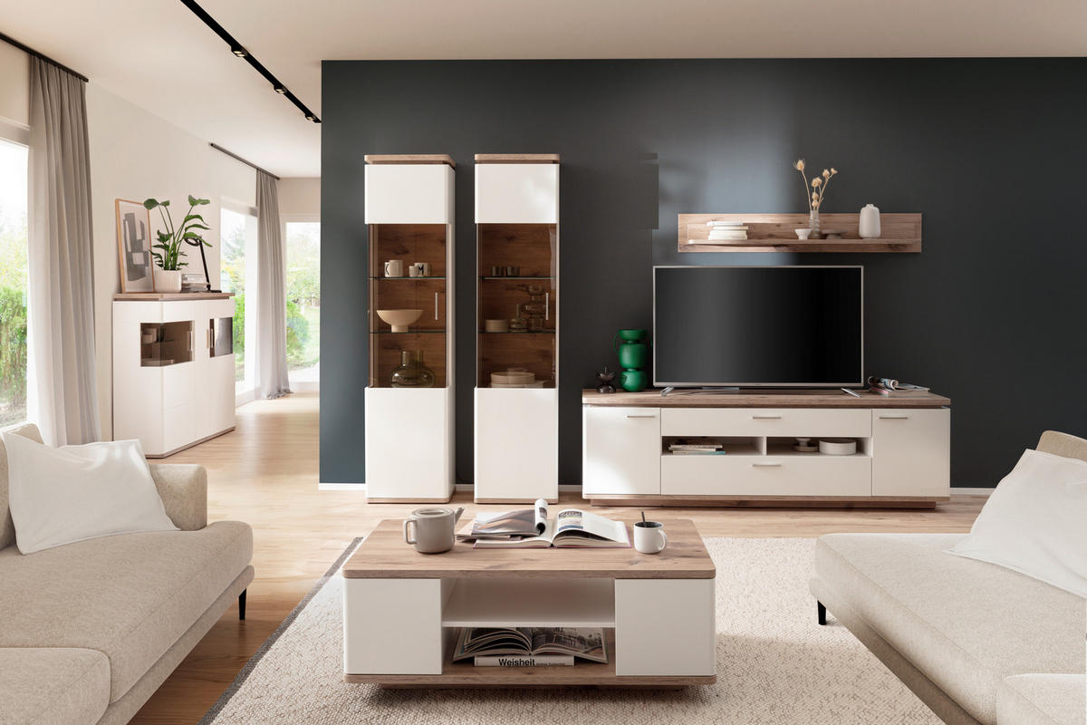HIGHBOARD Tbilisi  in 150/124/38 cm  - Weiss/Eichefarben, Design, Glas/Holzwerkstoff (150/124/38cm) - Livetastic