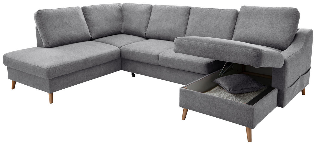 WOHNLANDSCHAFT Dunkelgrau Chenille  - Dunkelgrau/Naturfarben, KONVENTIONELL, Holz/Textil (200/301/150cm) - Livetastic