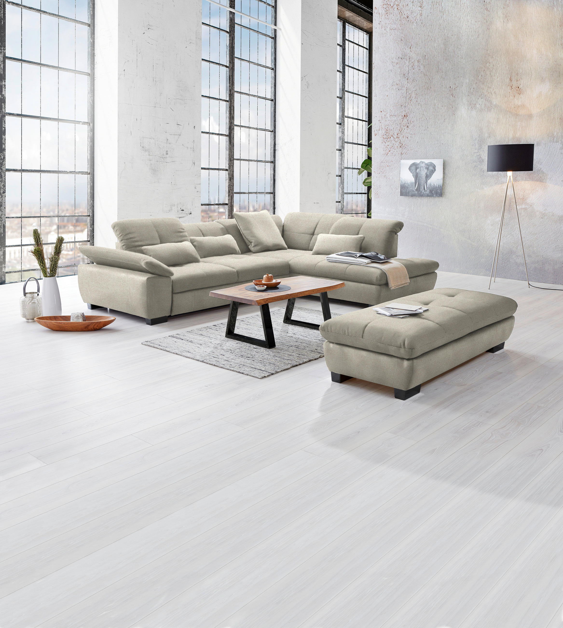 ECKSOFA in Flachgewebe Ecru  - Ecru/Schwarz, Design, Textil/Metall (313/242cm) - Xora