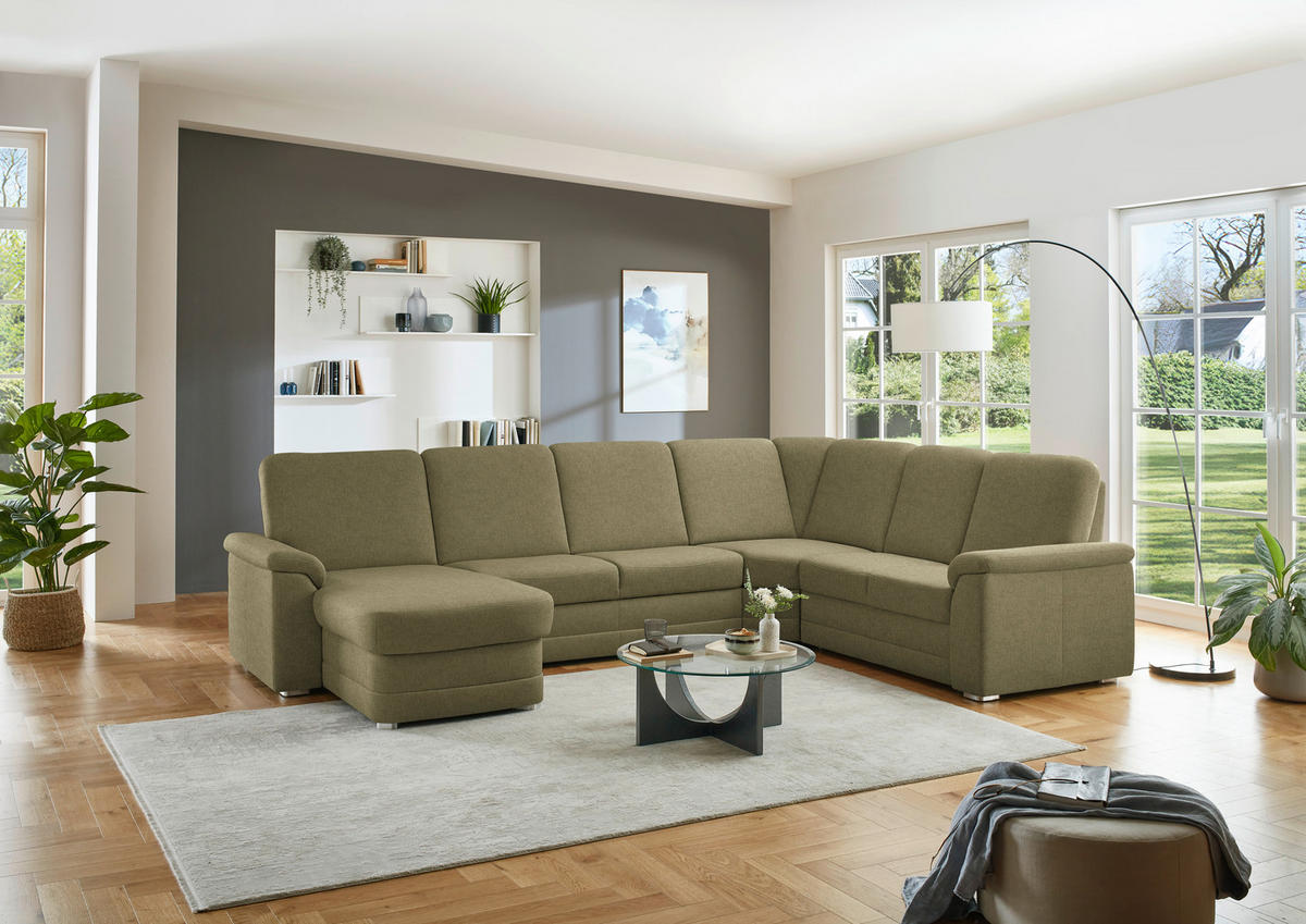 WOHNLANDSCHAFT  in Chenille Schilfgrün  - Schilfgrün/Alufarben, KONVENTIONELL, Holz/Textil (160/329/235cm) - Beldomo Comfort