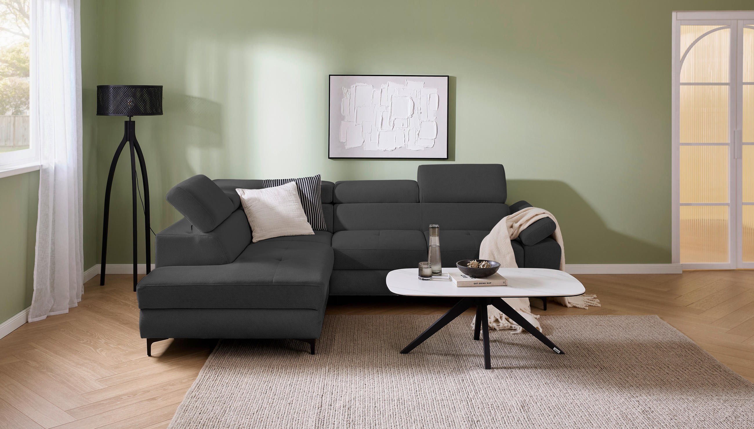 ECKSOFA in Flachgewebe Graphitfarben  - Schwarz/Graphitfarben, Design, Textil/Metall (206/266cm) - Stylife