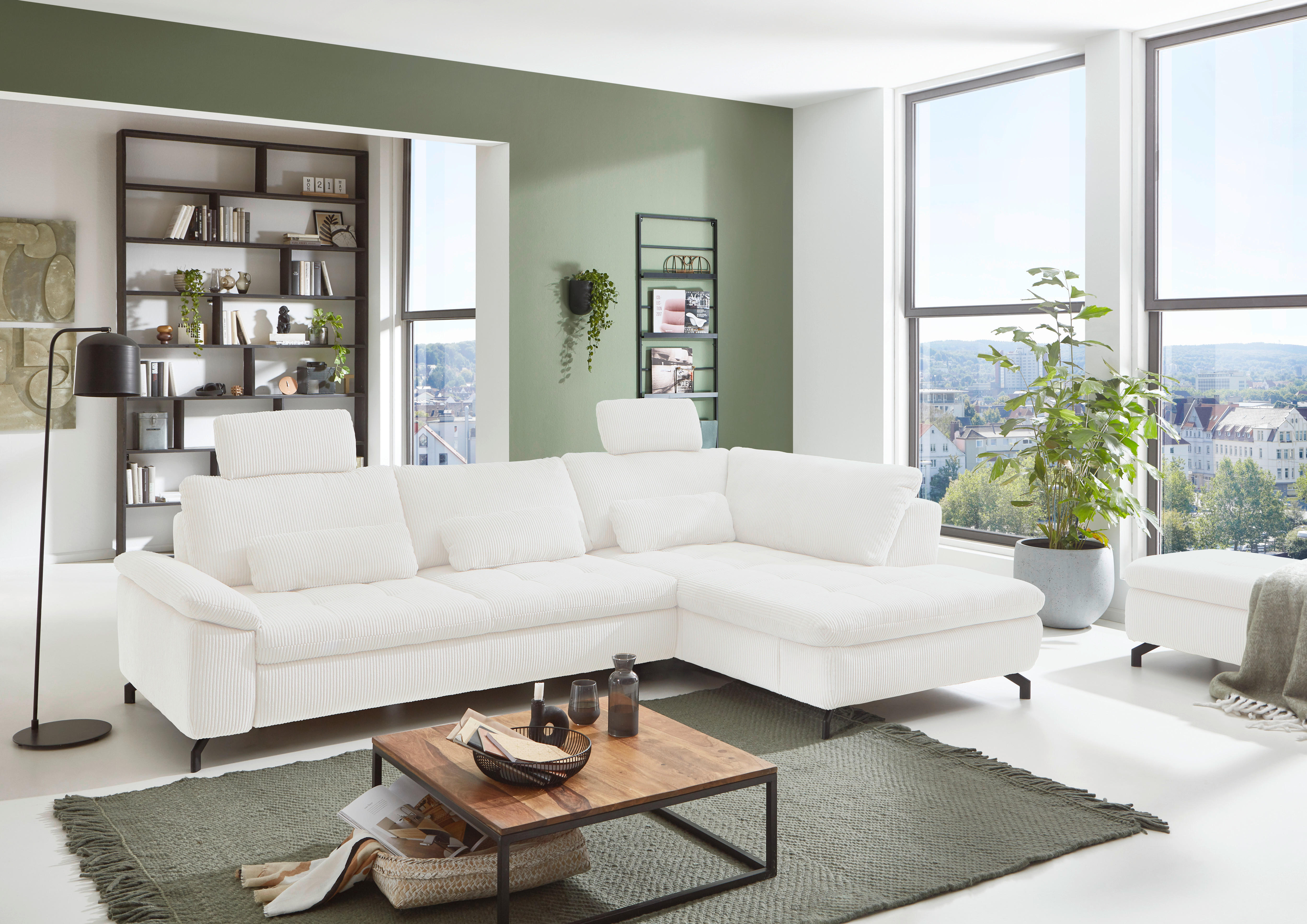 ECKSOFA in Cord, Velours Creme, Naturfarben  - Creme/Schwarz, Design, Textil/Metall (291/197cm) - Beldomo Style