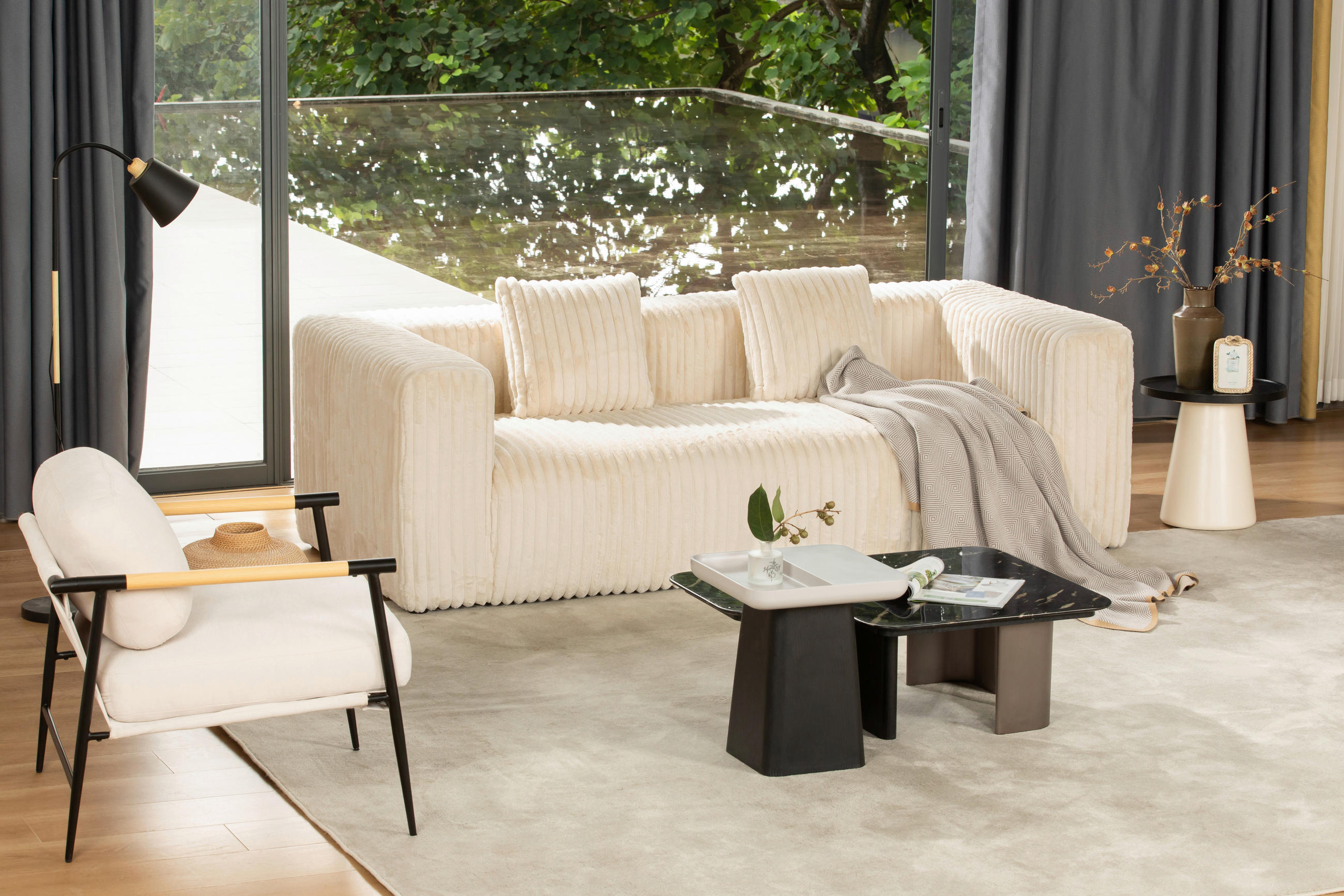SOFA Cord Beige  - Beige/Schwarz, MODERN, Kunststoff/Textil (224/68/99cm) - MID.YOU