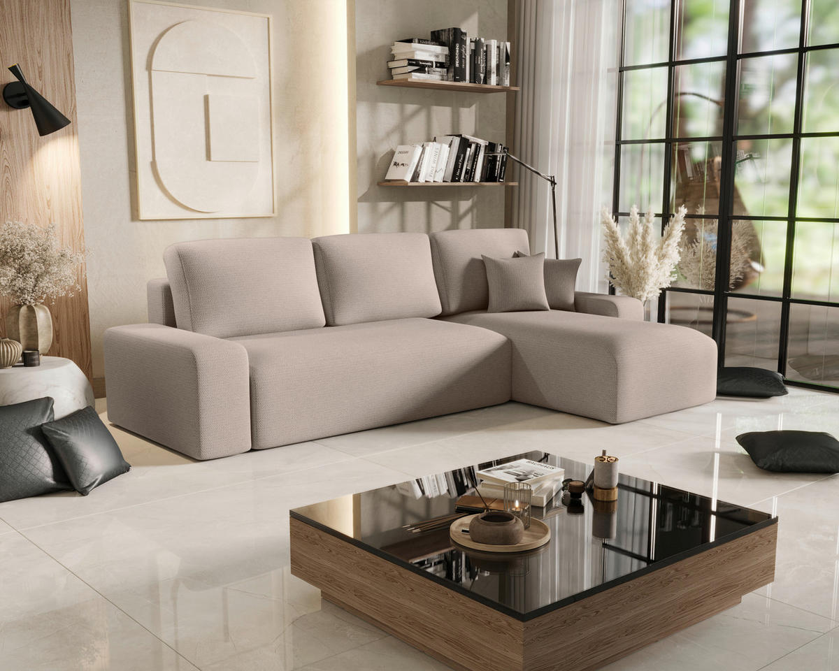 ECKSOFA Beige Bouclé Zierkissen, Rückenkissen, Bettkasten, Schlaffunktion, Rücken echt, Stauraum  - Beige/Schwarz, MODERN, Kunststoff/Textil (248/143cm) - Xora