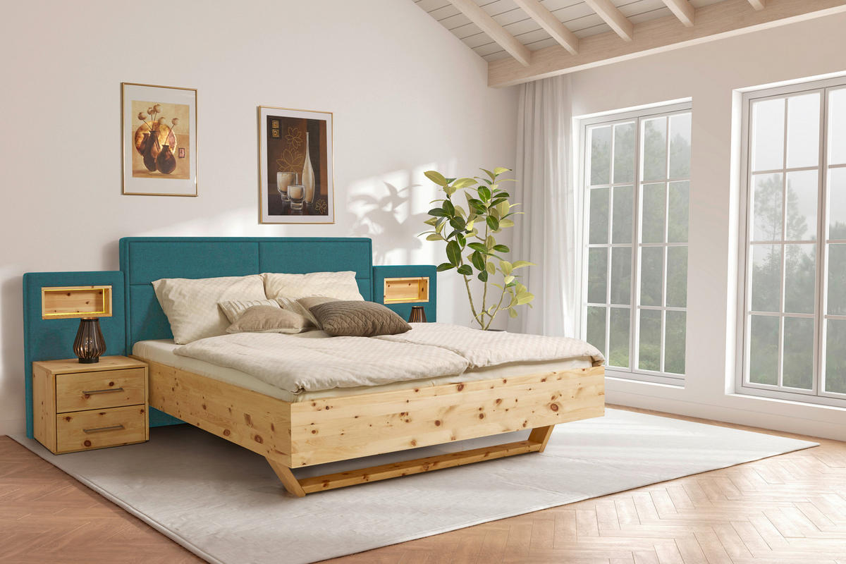 BETT 200/200 cm  in Zirbelkieferfarben, Petrol  - Zirbelkieferfarben/Petrol, Natur, Holz/Textil (200/200cm) - Valnatura
