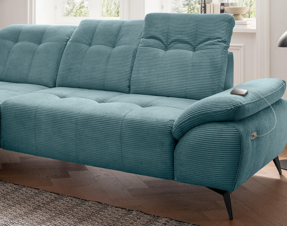 ECKSOFA FIORE in Cord Petrol Kopfteilverstellung, Sitzvorzug  180/280 cm  - Petrol/Schwarz, MODERN, Textil/Metall (180/280cm) - Livetastic