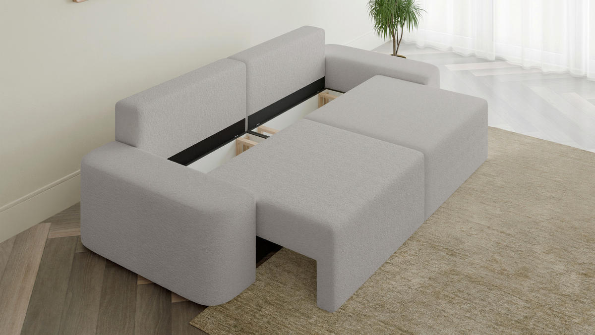 ECKSOFA OVAL Hellgrau Bouclé Rückenkissen, Schlaffunktion, Rücken echt, Stauraum  - Hellgrau/Schwarz, Design, Kunststoff/Textil (268/110cm) - MID.YOU