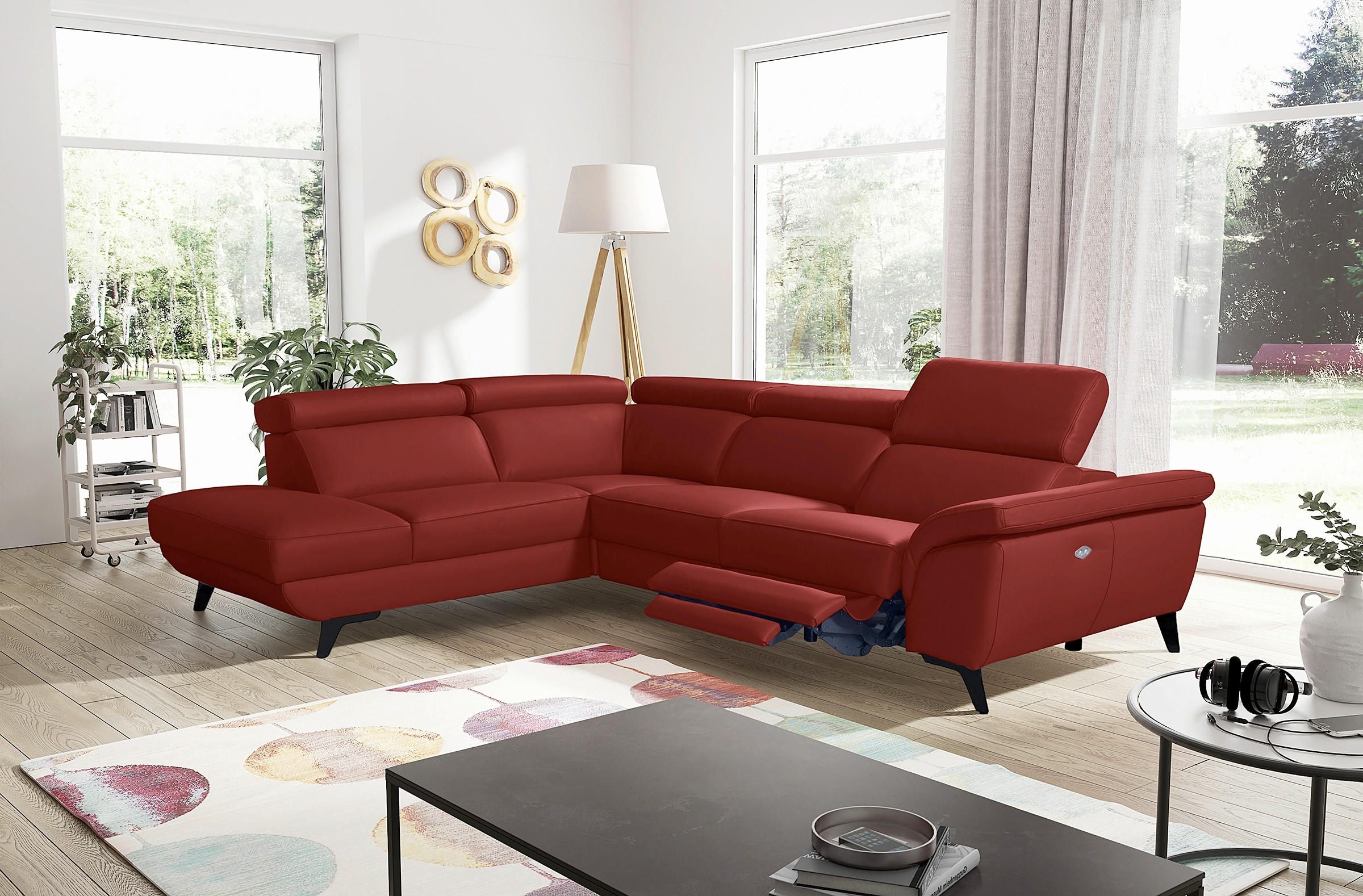 ECKSOFA DALLAS in Echtleder Rot  228/283 cm  - Rot/Schwarz, Design, Leder/Metall (228/283cm) - Livetastic