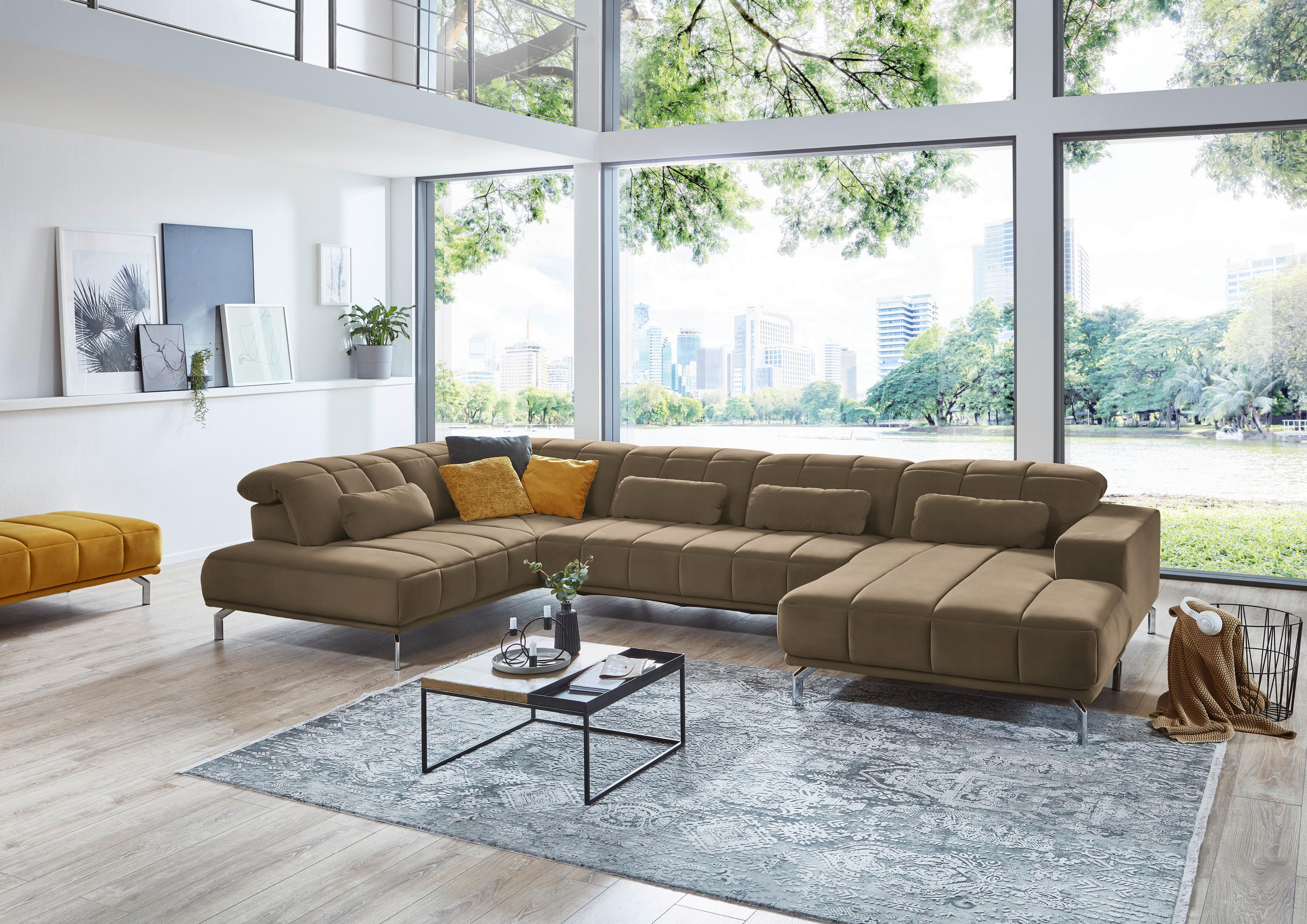 WOHNLANDSCHAFT Sandfarben, Hellbraun Velours  - Sandfarben/Hellbraun, Design, Textil/Metall (219/383/195cm) - Beldomo Style