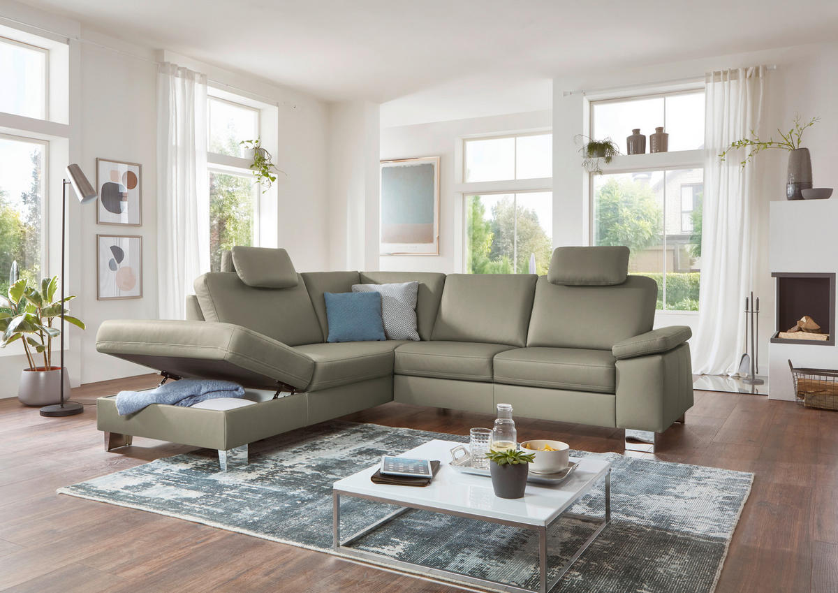 ECKSOFA  in Echtleder Grau  235/248 cm  - Alufarben/Grau, Design, Leder/Metall (235/248cm) - Beldomo Premium