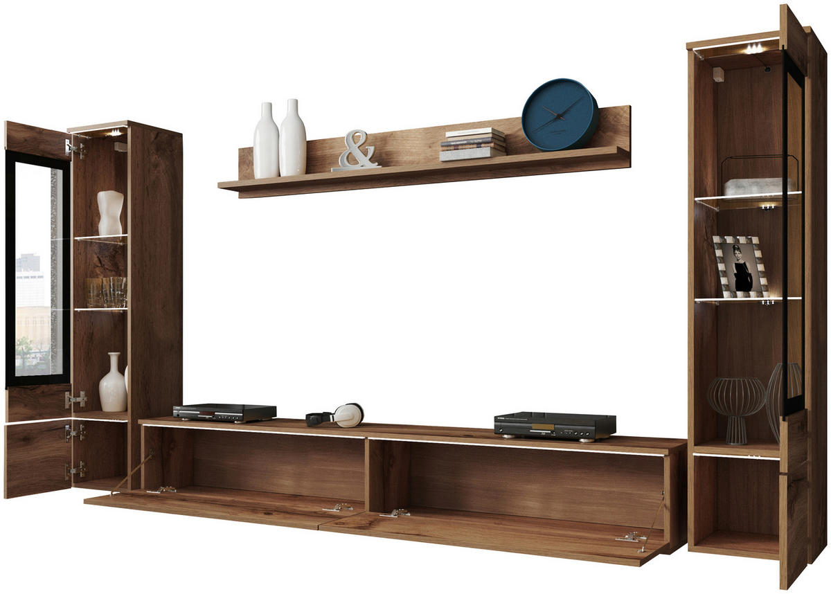 WOHNWAND Vera 4-teilig  in Eiche Wotan  240/130/33 cm  - Eiche Wotan/Grau, LIFESTYLE, Glas/Holzwerkstoff (240/130/33cm) - P & B