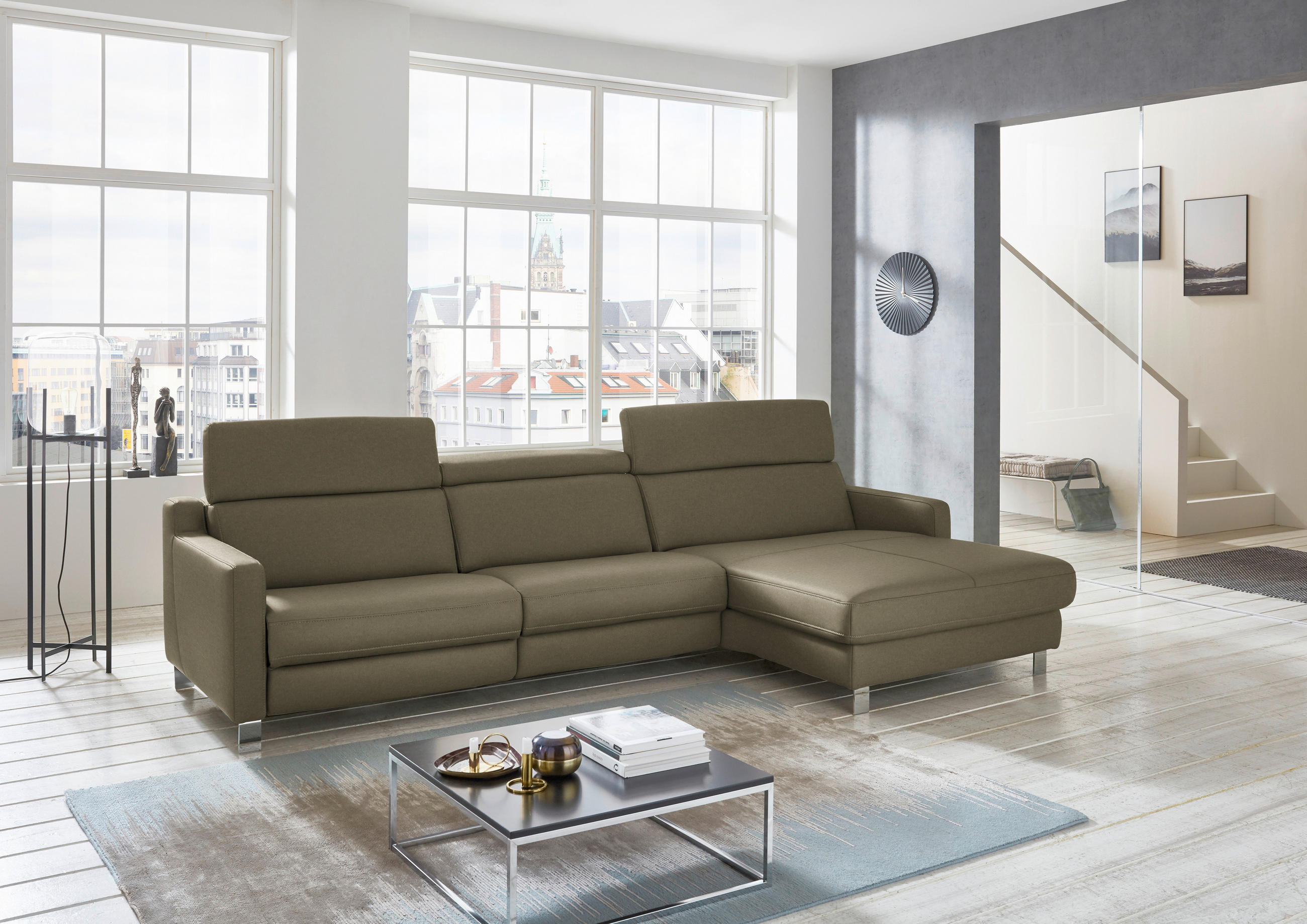ECKSOFA in Echtleder Olivgrün  - Chromfarben/Olivgrün, Design, Leder/Metall (291/176cm) - Valdera