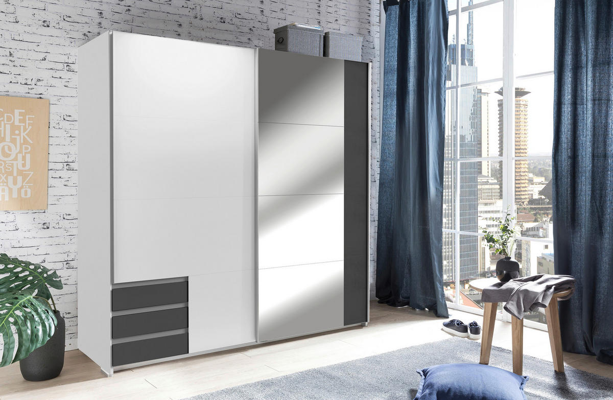 SCHWEBETÜRENSCHRANK  in Graphitfarben, Weiß  - Alufarben/Graphitfarben, Design, Glas/Holzwerkstoff (179/198/64cm) - Carryhome