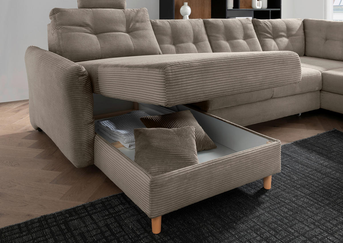 WOHNLANDSCHAFT in Cord Graubraun  - Graubraun/Naturfarben, Modern, Holz/Textil (176/338-352/206cm) - Livetastic