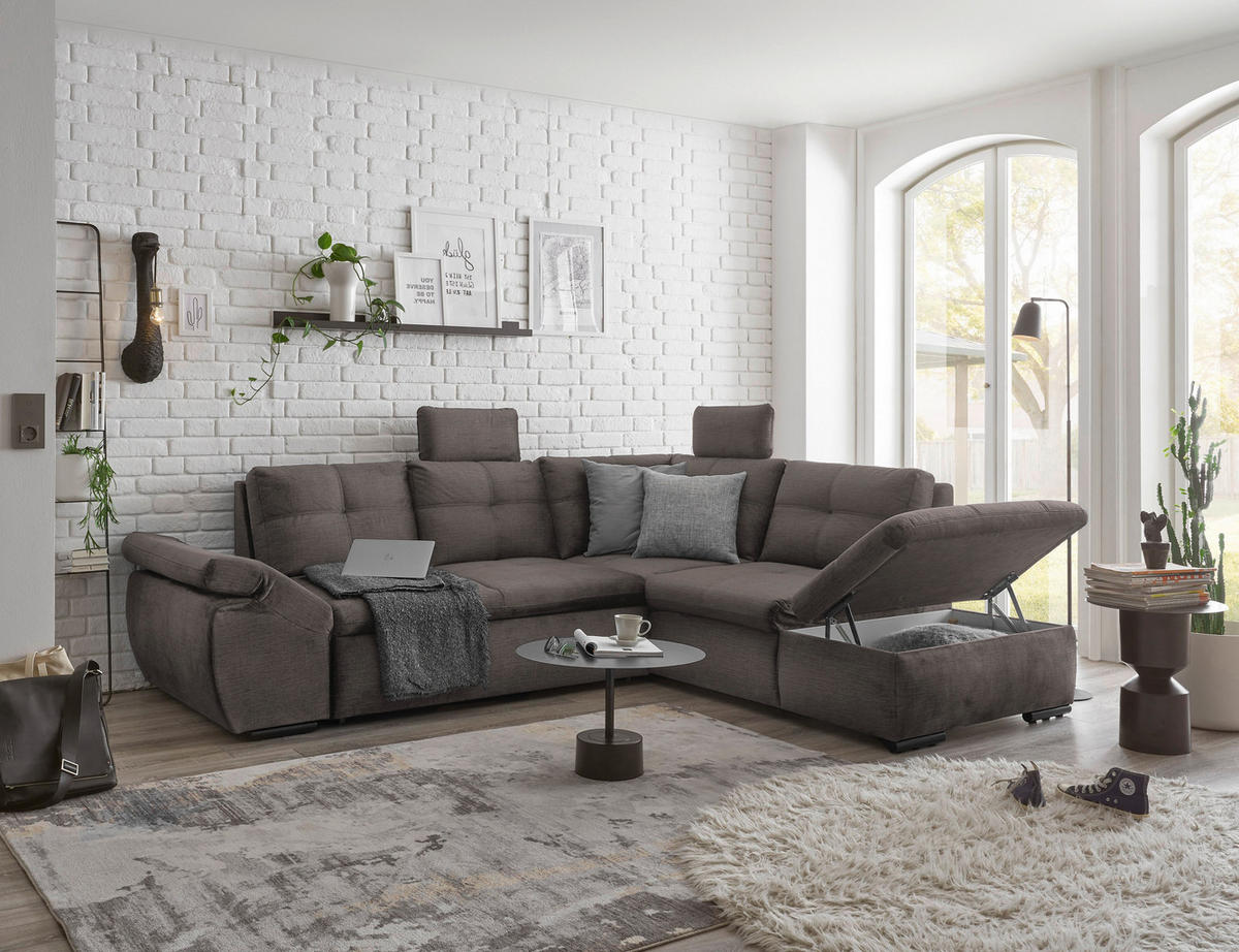 ECKSOFA in Mikrovelours Graubraun  - Graubraun/Schwarz, Konventionell, Kunststoff/Textil (265/217cm) - Carryhome