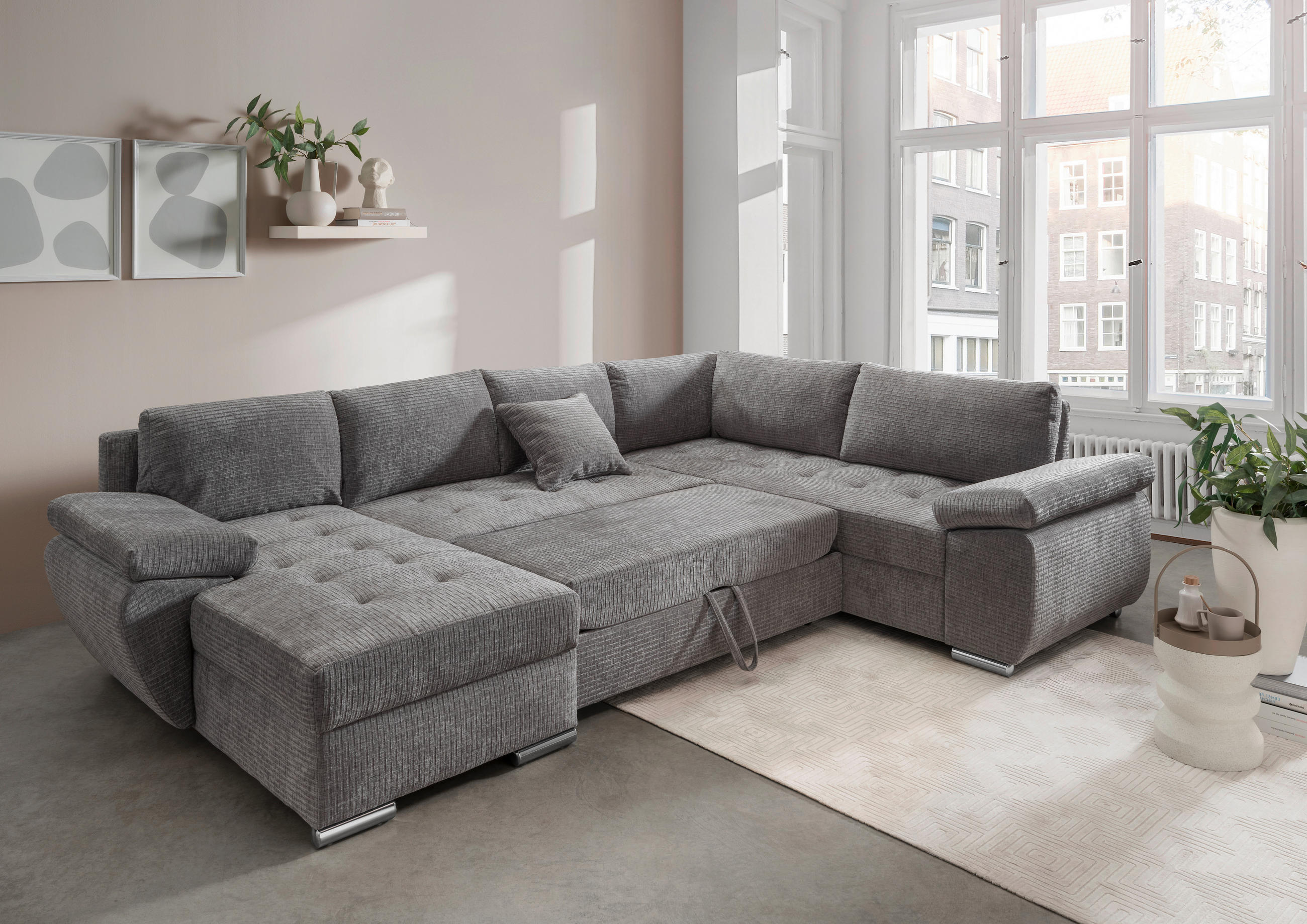 WOHNLANDSCHAFT in Mikrofaser Grau  - Chromfarben/Grau, KONVENTIONELL, Textil/Metall (157/305/219cm) - Livetastic