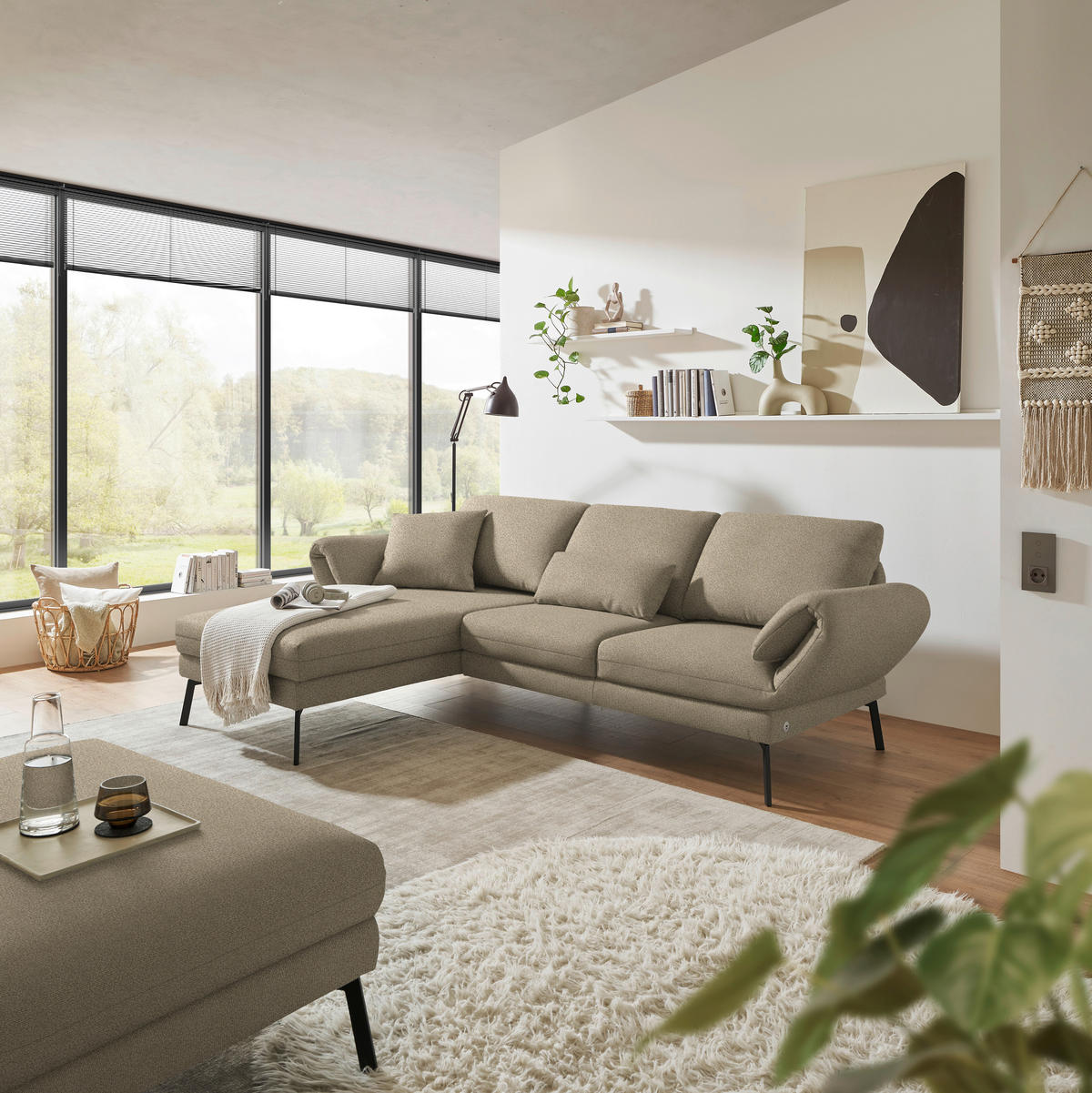 ECKSOFA  in Flachgewebe Hellbraun  175-224/255-365 cm  - Hellbraun/Schwarz, Design, Textil/Metall (175-224/255-365cm) - Dieter Knoll
