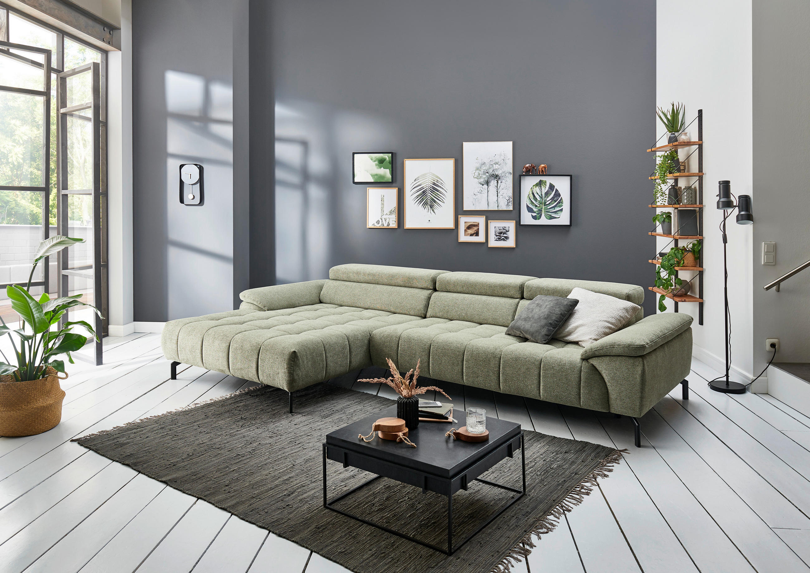 ECKSOFA in Webstoff Grün  - Schwarz/Grün, Design, Textil/Metall (190/329cm) - Beldomo Style
