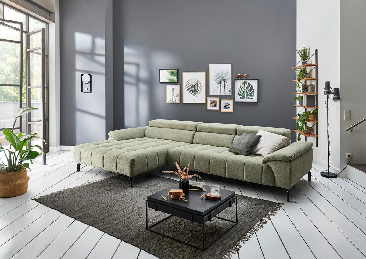 ECKSOFA in Webstoff Grün  - Schwarz/Grün, Design, Textil/Metall (190/329cm) - Beldomo Style
