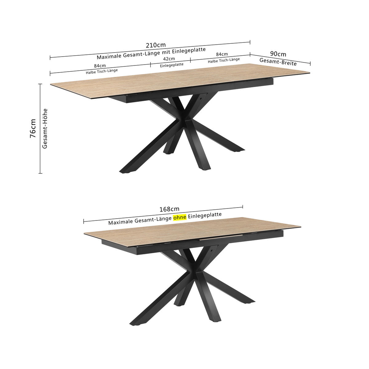 ESSTISCH 168-210/90/76 cm  Metall, Glas, Keramik ausziehbar rechteckig Schwarz, Beige  - Beige/Schwarz, MODERN, Glas/Keramik (168-210/90/76cm) - MID.YOU