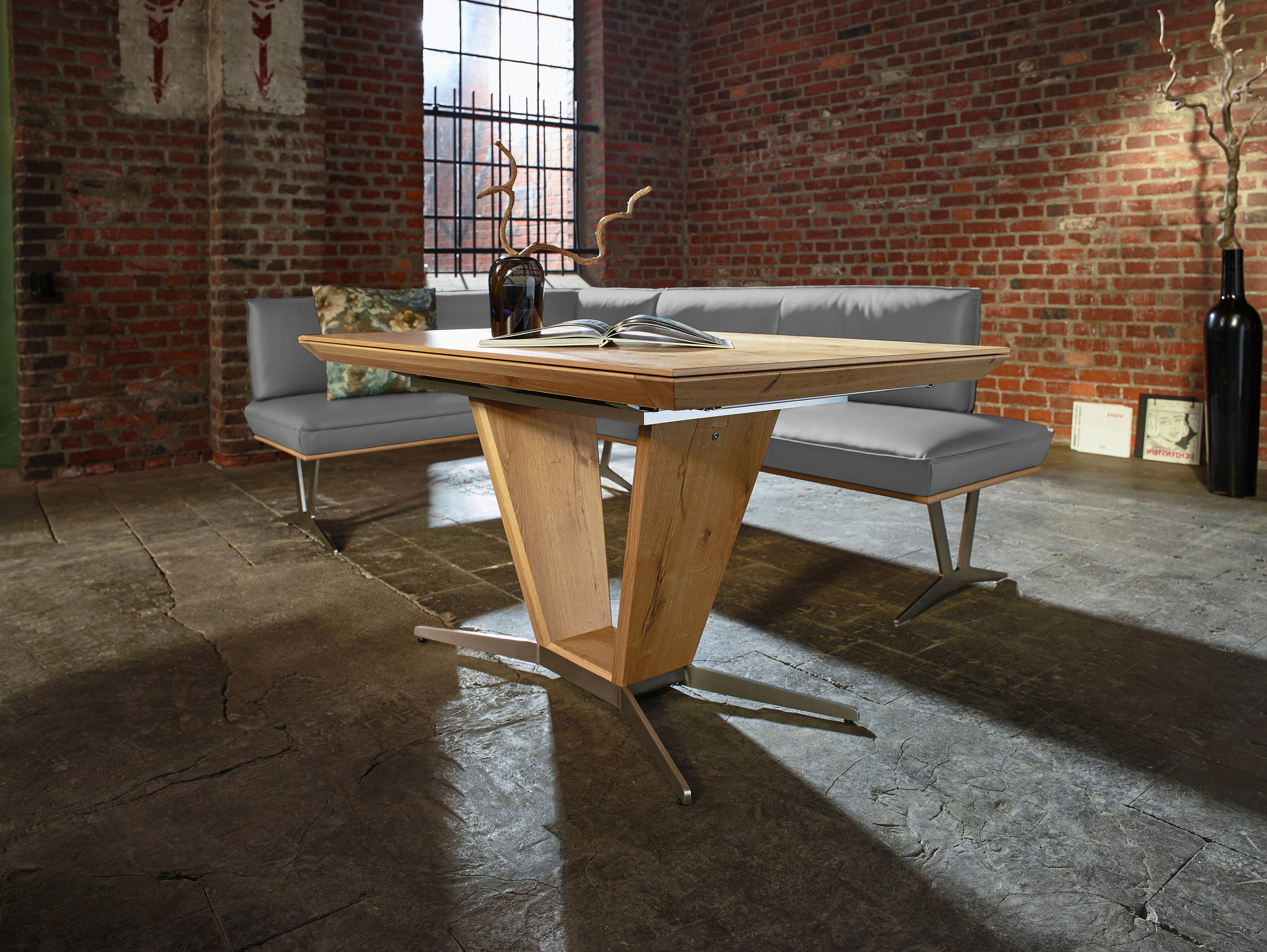 ECKBANK in Holz, Metall, Leder Grau  - Edelstahlfarben/Beige, Design, Leder/Holz (152/217cm) - Ambiente