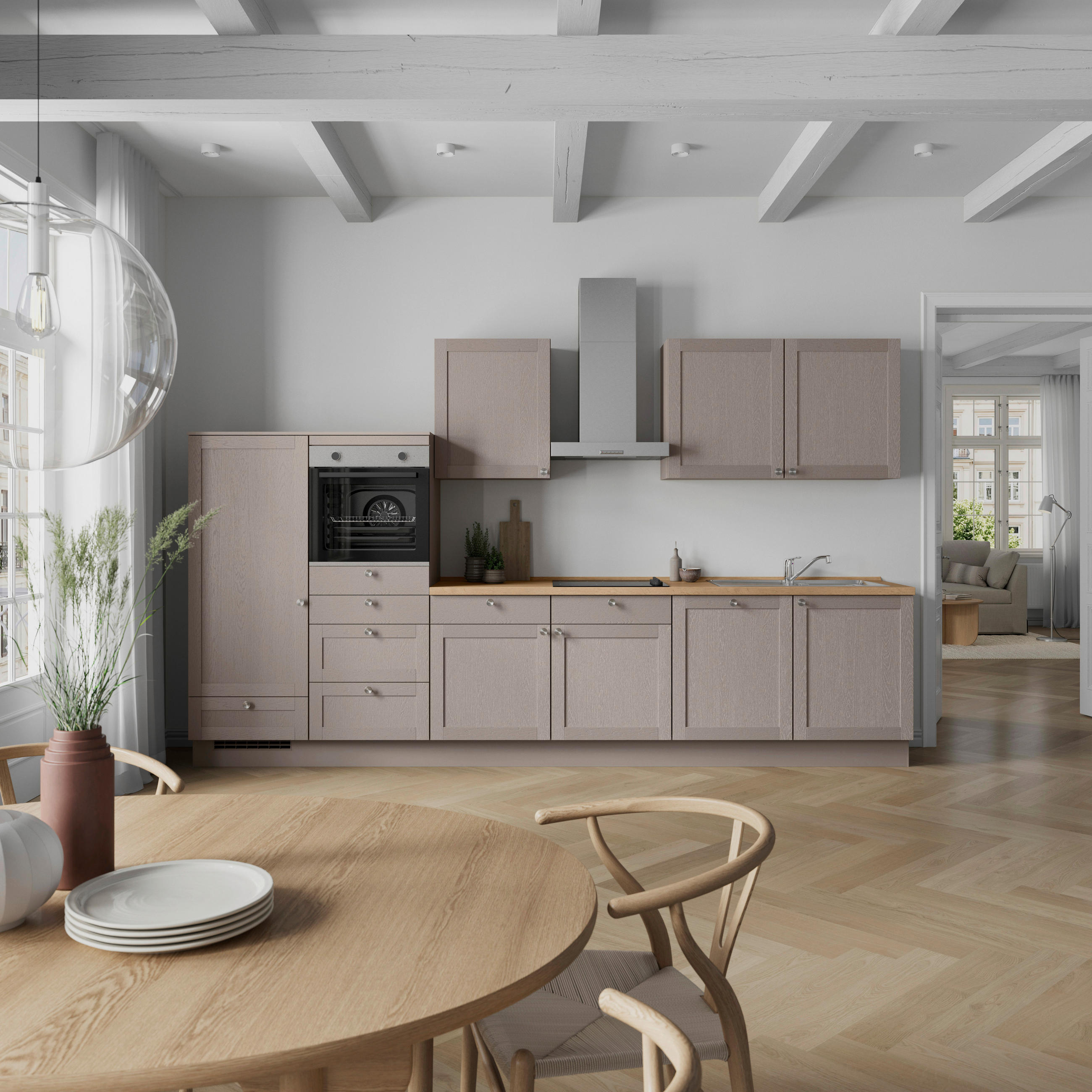 KÜCHENLEERBLOCK Frame 360 cm  in Eichefarben, Beigebraun  - Edelstahlfarben/Eichefarben, MODERN, Holzwerkstoff/Metall (360cm) - Nobilia