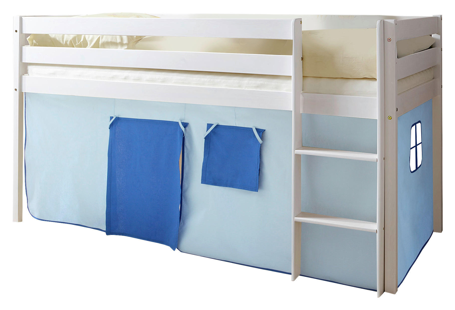 HOCHBETT 90/200 cm,  in Weiß, Hellblau, Dunkelblau, Leiter, Vorhang  - Weiß/Dunkelblau, Natur, Holz (90/200cm) - MID.YOU