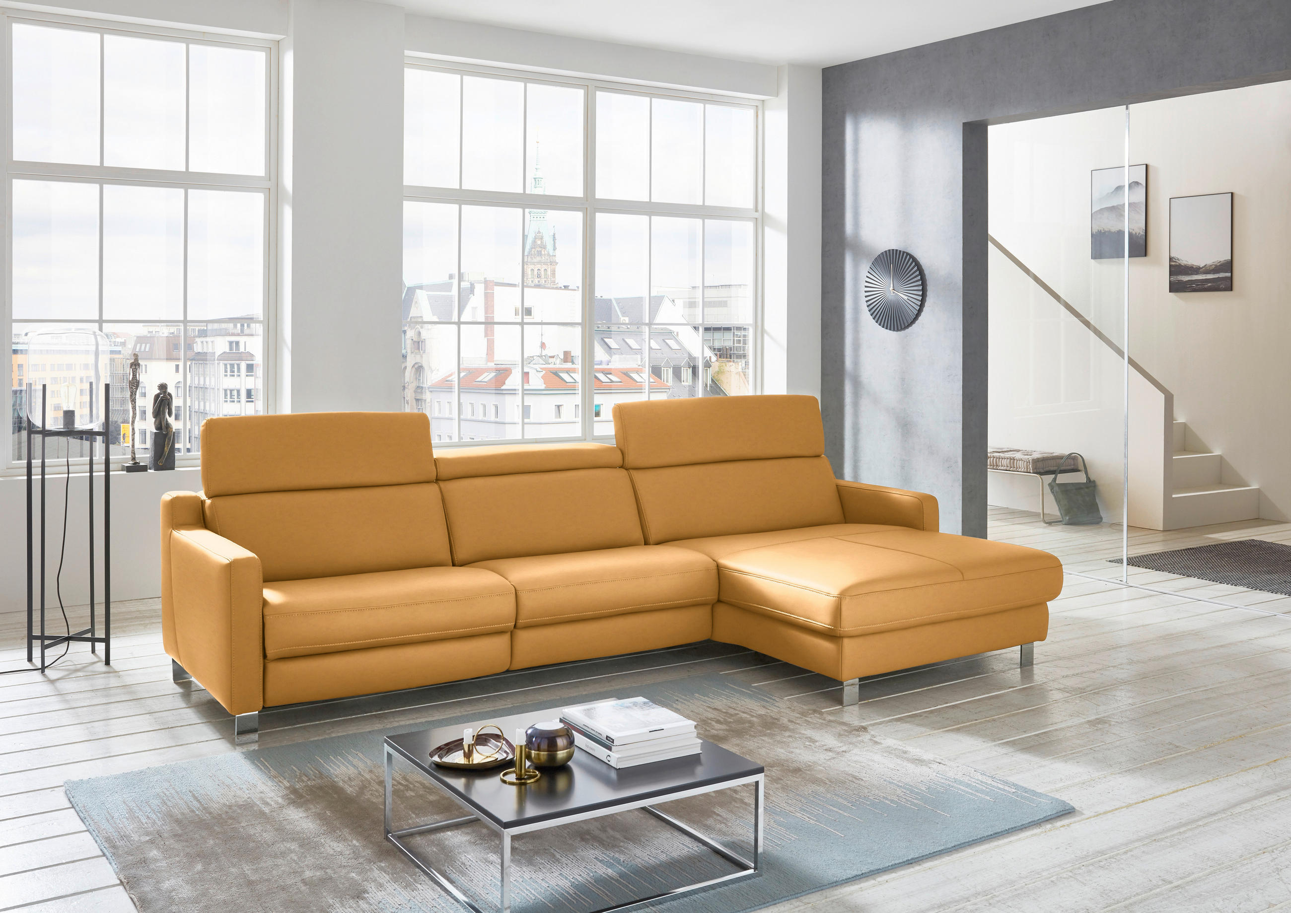ECKSOFA in Echtleder Currygelb  - Chromfarben/Currygelb, Design, Leder/Metall (291/176cm) - Valdera
