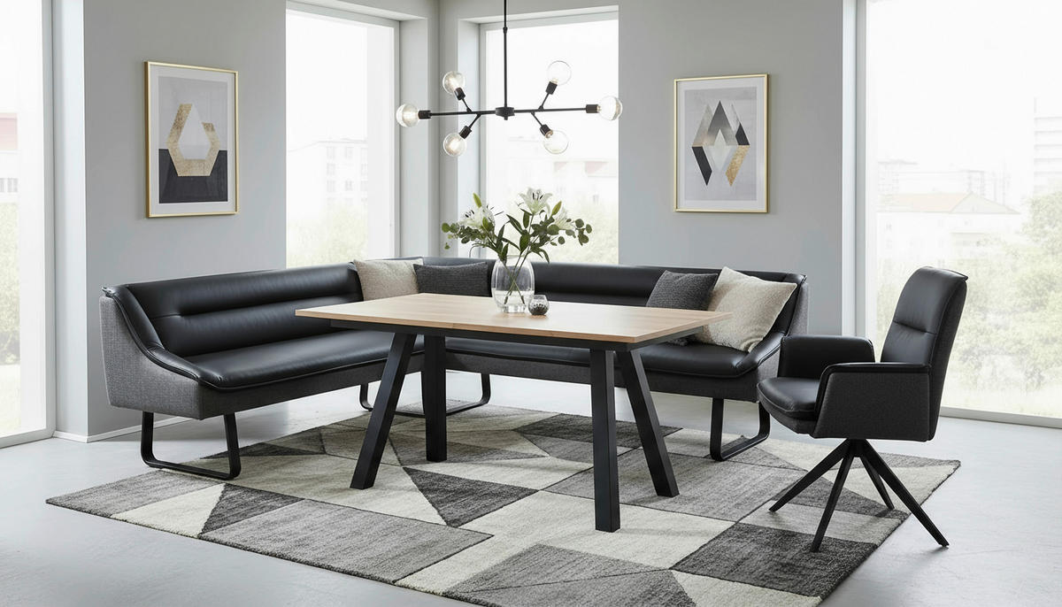 ECKBANK 178/237 cm Struktur Echtleder Schwarz   - Schwarz, Design, Leder/Textil (178/237cm) - Novel