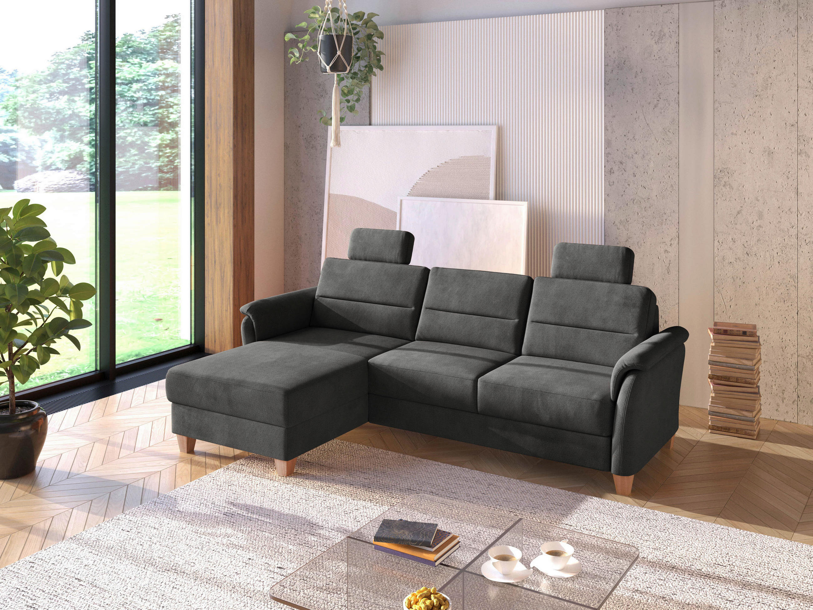 ECKSOFA Flachgewebe Schwarz  - Eichefarben/Schwarz, Konventionell, Holz/Textil (163/244cm) - Sit & More