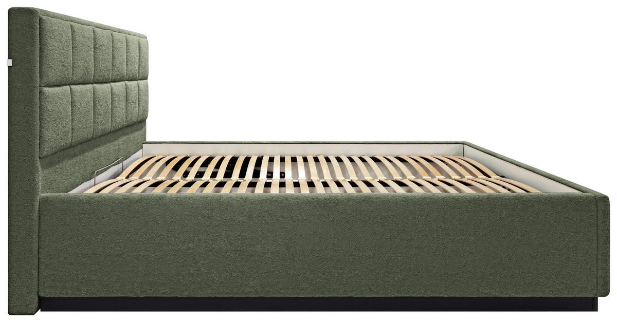POLSTERBETT 140/200 cm,  in Grün, gepolstertes Kopfteil, Beleuchtung, Lattenrost, Bettkasten,  - Birkefarben/Schwarz, Design, Holz/Holzwerkstoff (140/200cm) - Chameo