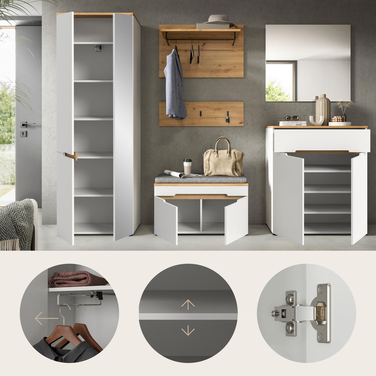 GARDEROBE 6-teilig  in 255/190/37 cm  - Weiß/Eiche Artisan, Design, Holzwerkstoff (255/190/37cm) - MID.YOU