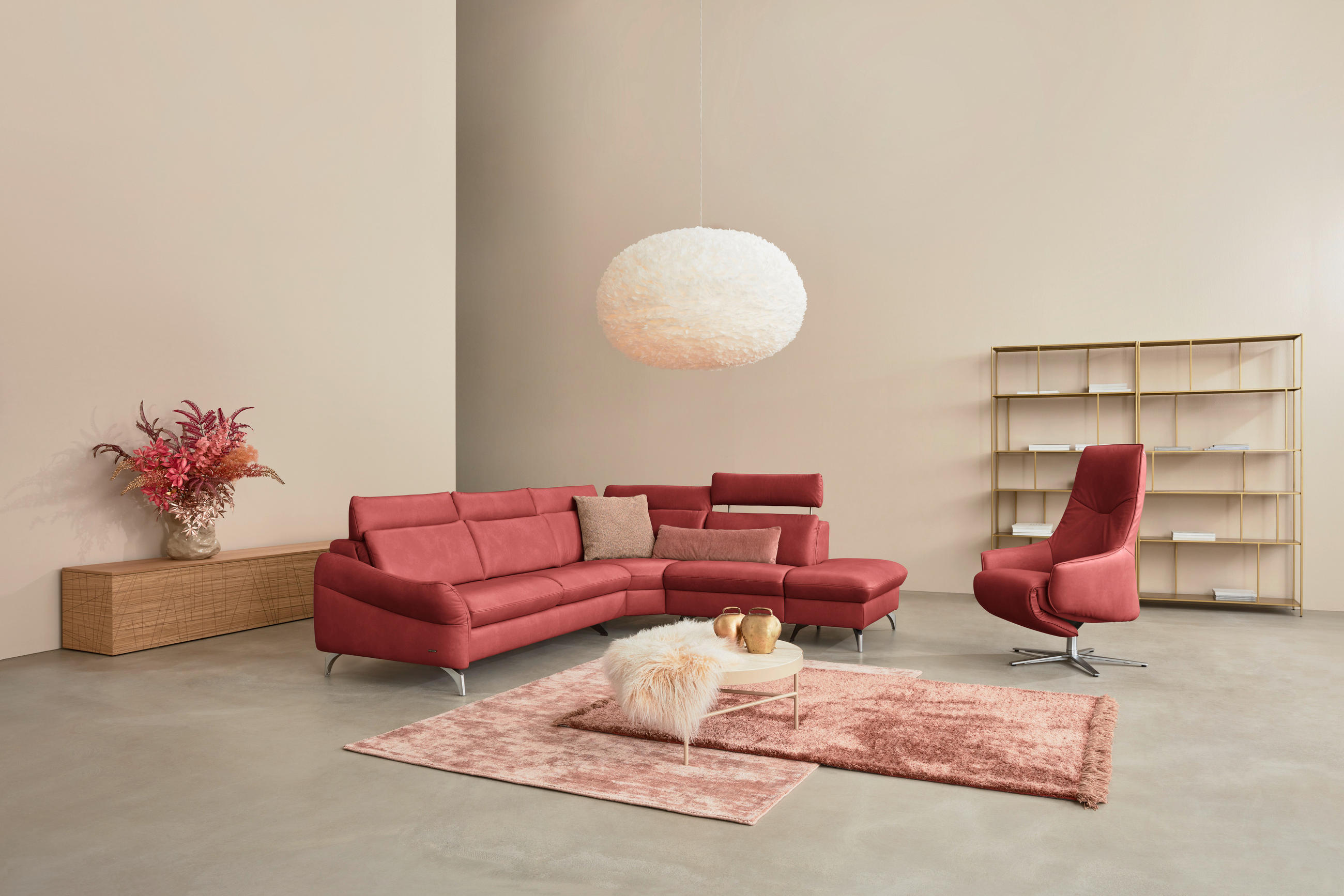 ECKSOFA in Echtleder Rot  - Edelstahlfarben/Rot, Konventionell, Leder/Metall (296/242cm) - Himolla Komfortklass