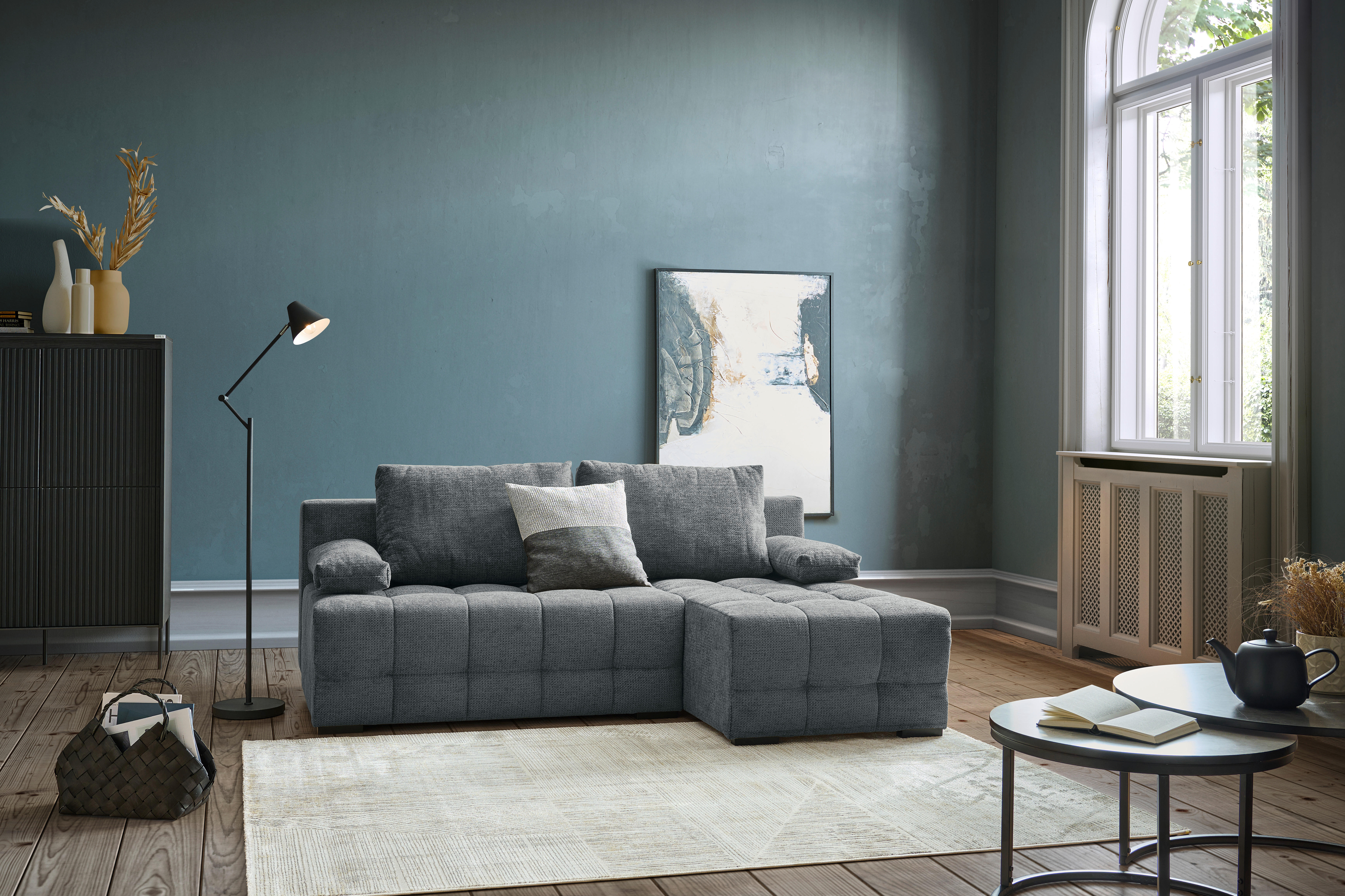 ECKSOFA Dunkelgrau Chenille  - Dunkelgrau/Schwarz, MODERN, Kunststoff/Textil (204/145cm) - home24