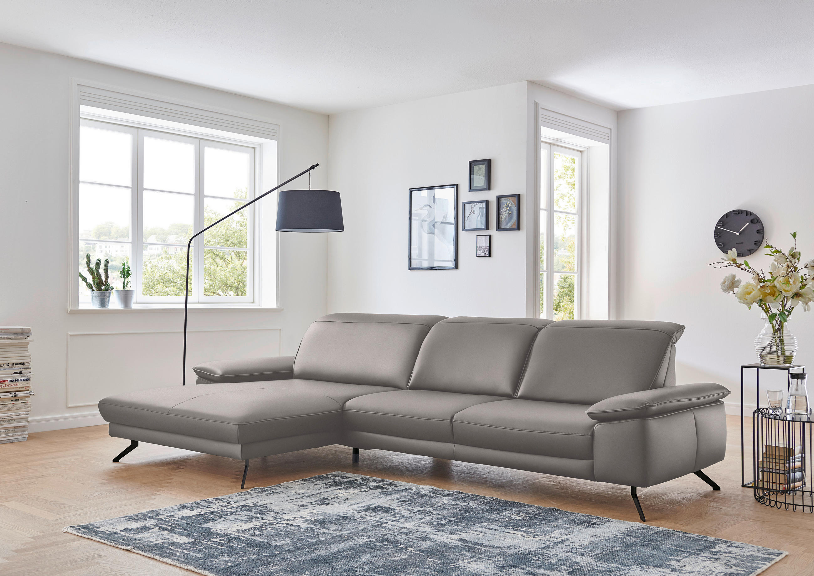 ECKSOFA in Echtleder Grau  - Schwarz/Grau, Design, Leder/Metall (193/328cm) - Dieter Knoll