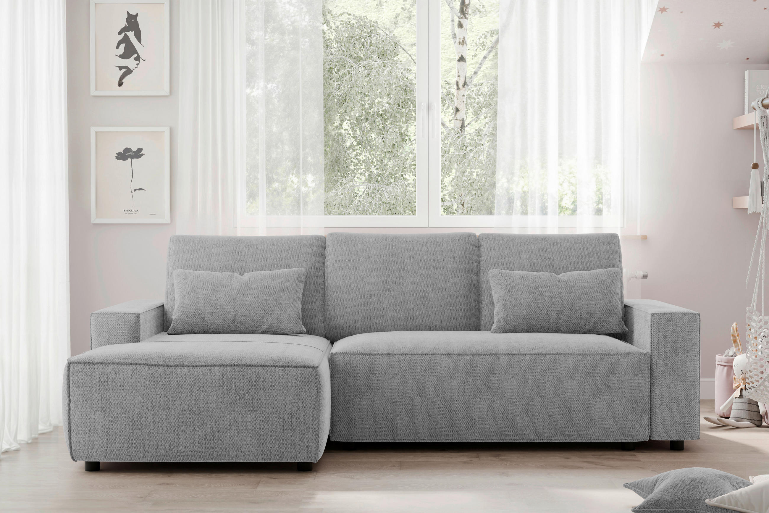 ECKSCHLAFSOFA in Chenille Silberfarben  - Silberfarben/Schwarz, MODERN, Kunststoff/Textil (154/247cm) - Livetastic