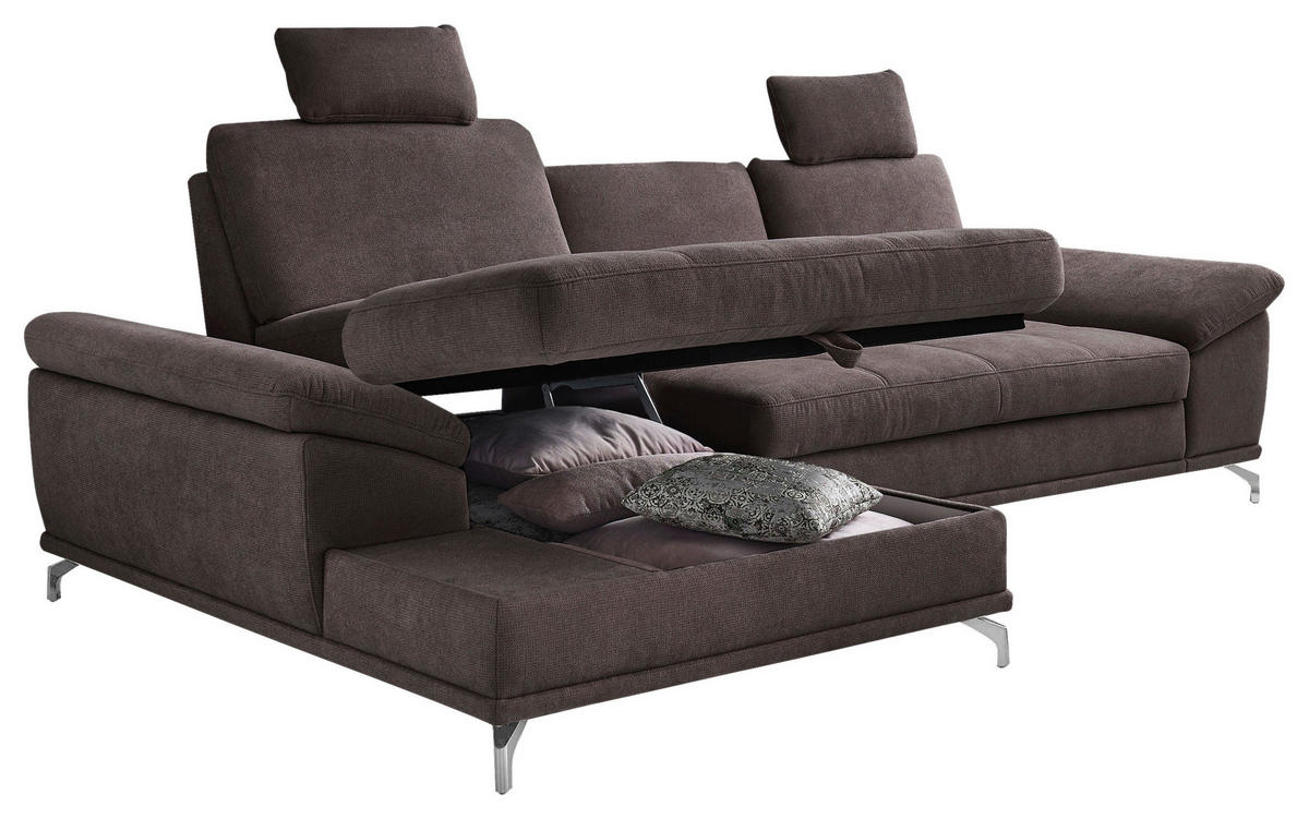 ECKSOFA Dunkelbraun Flachgewebe Bettkasten, Schlaffunktion, Sitztiefenverstellung, Kopfstütze, Liegefläche im Originalstoff  - Dunkelbraun/Silberfarben, KONVENTIONELL, Textil/Metall (176/301cm) - Sit & More